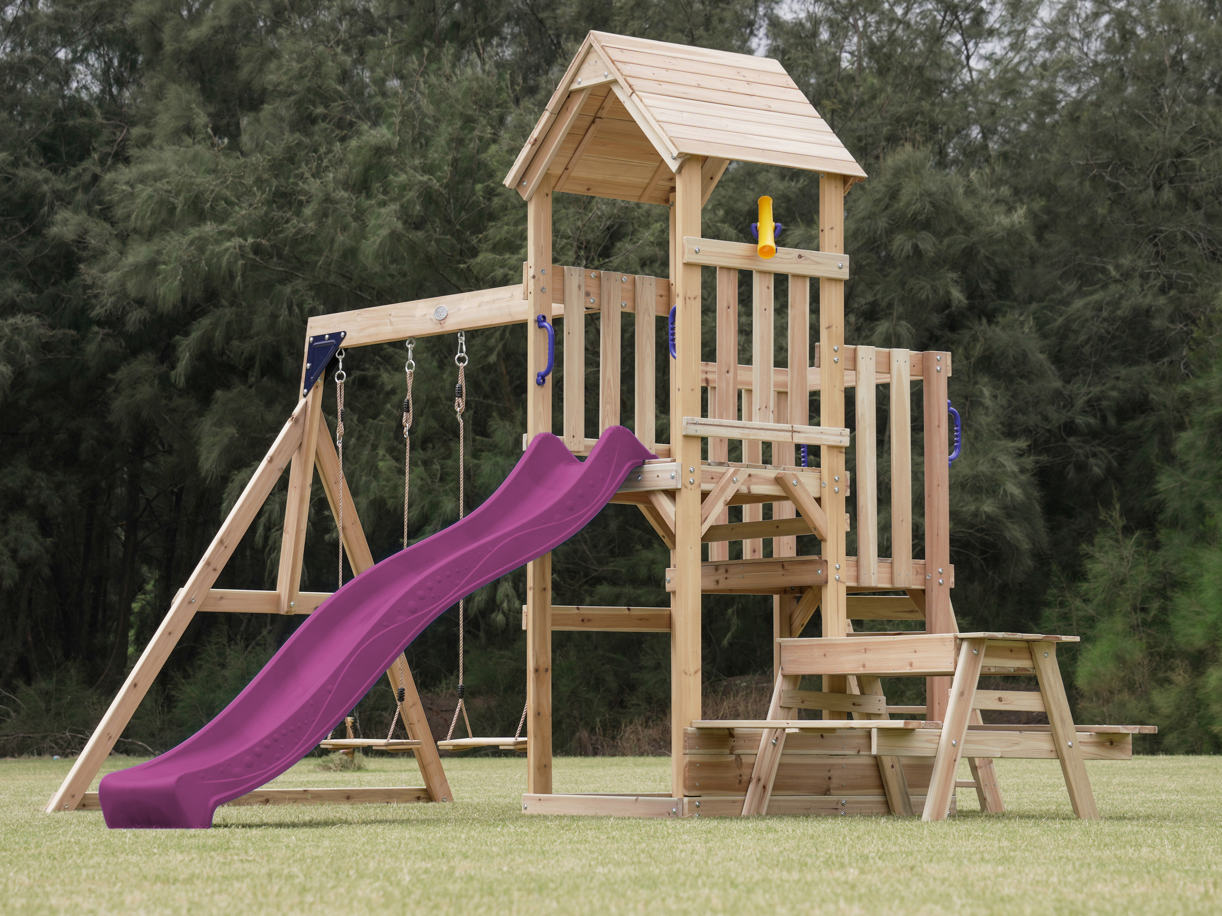 AXI Mette Playground with Double Swing Brown - Purple Slide 