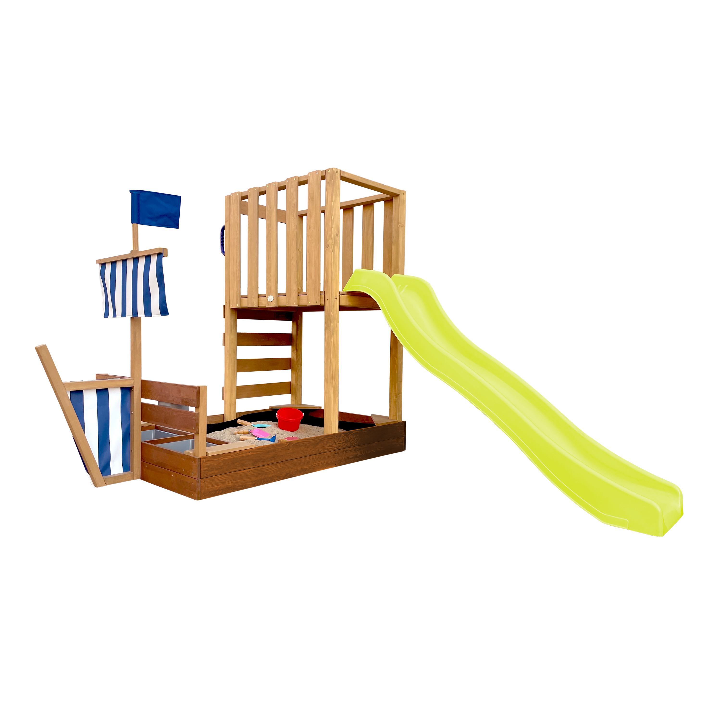 AXI Vicky Climbing Frame with Sandbox. Play Kitchen & Chalkboard – Lime Green Slide