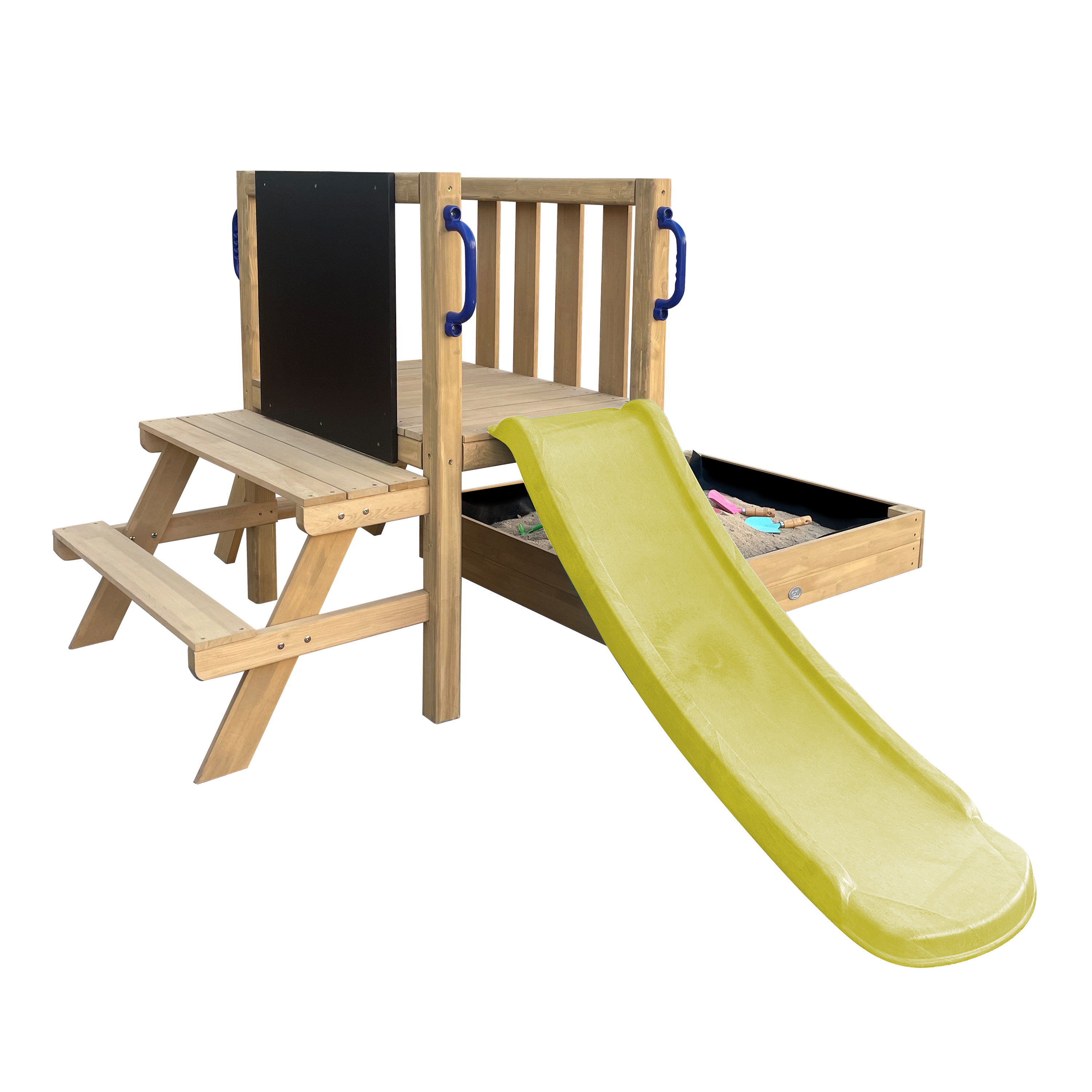 AXI Leah Mini Wooden Playtower with Sandbox. Picnic Table & Chalkboard – Lime Green Slide