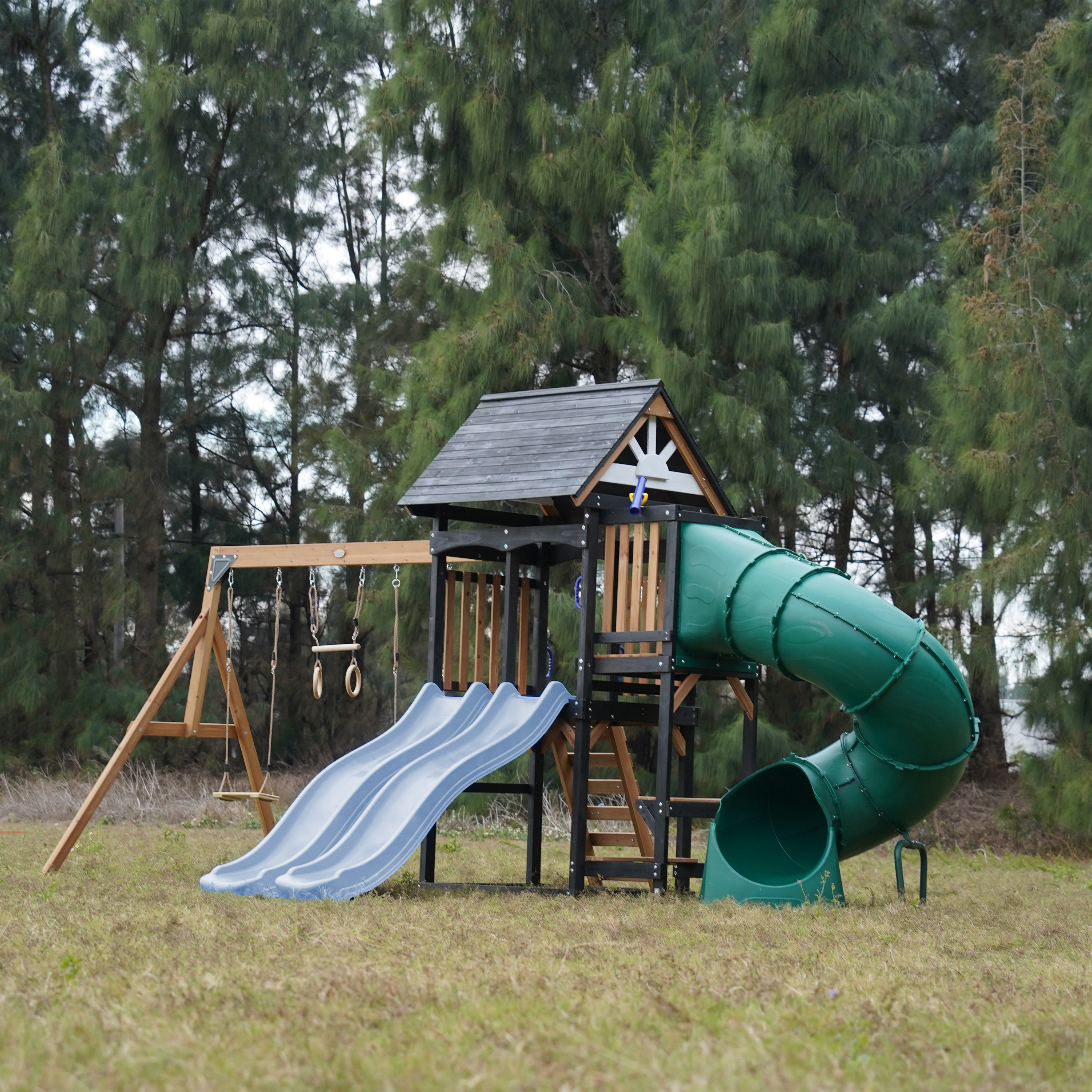 AXI Cody Climbing Frame with Swings, Trapeze and Climbing Wall – Pastel Blue Double Slide and Tube Slide