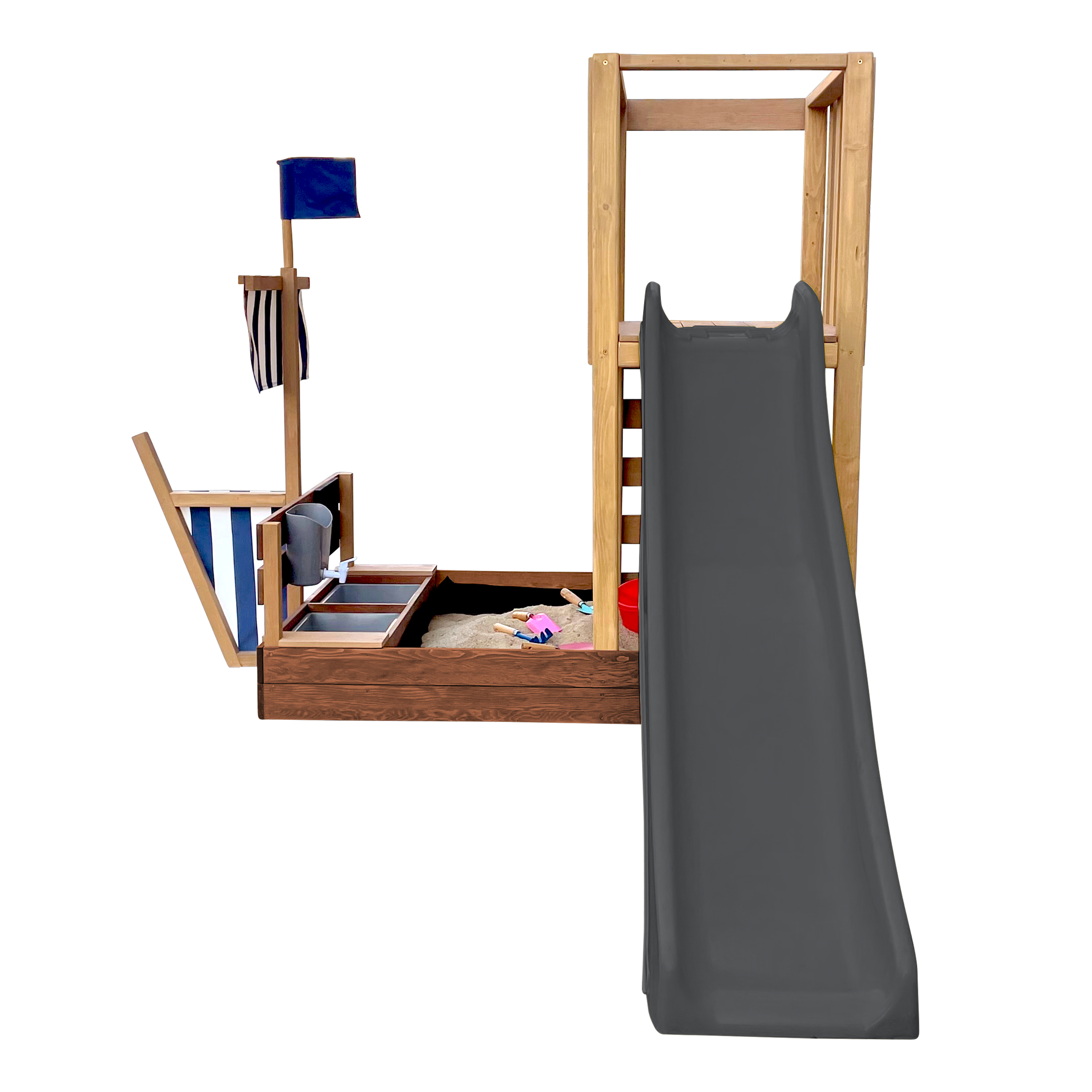 AXI Vicky Climbing Frame with Sandbox. Play Kitchen & Chalkboard – Grey Slide