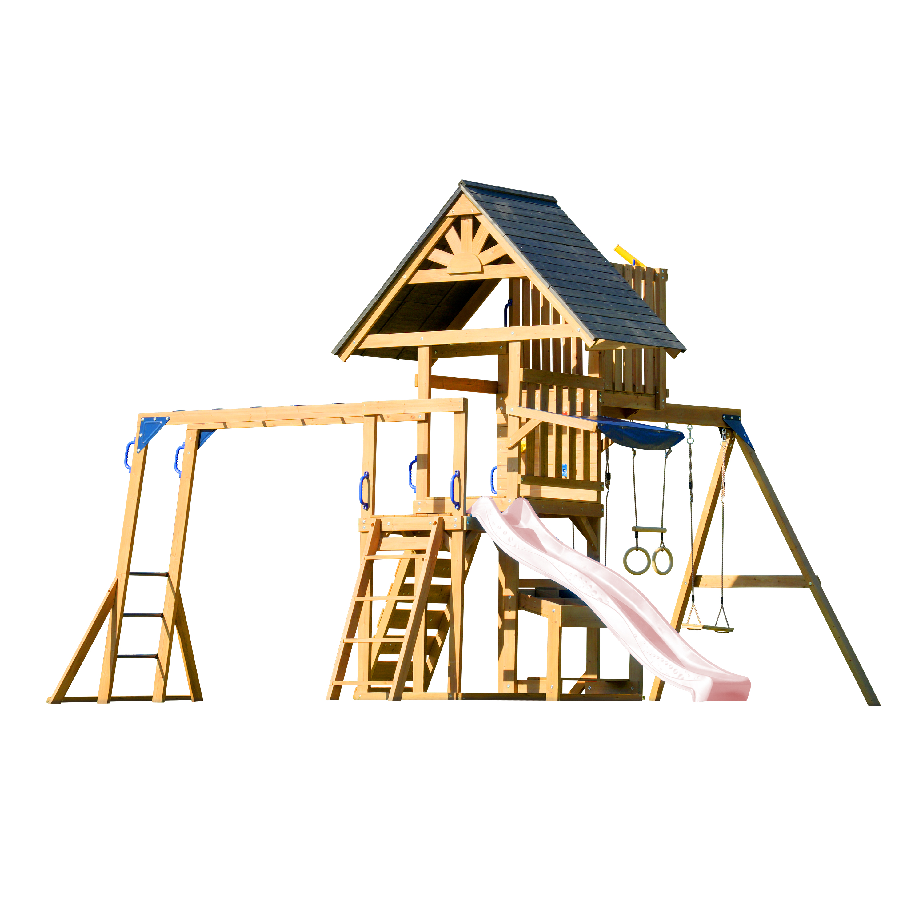 AXI Mitch Climbing Frame with Double Swing. Trapeze and Lookout Tower – Pastel Pink Slide