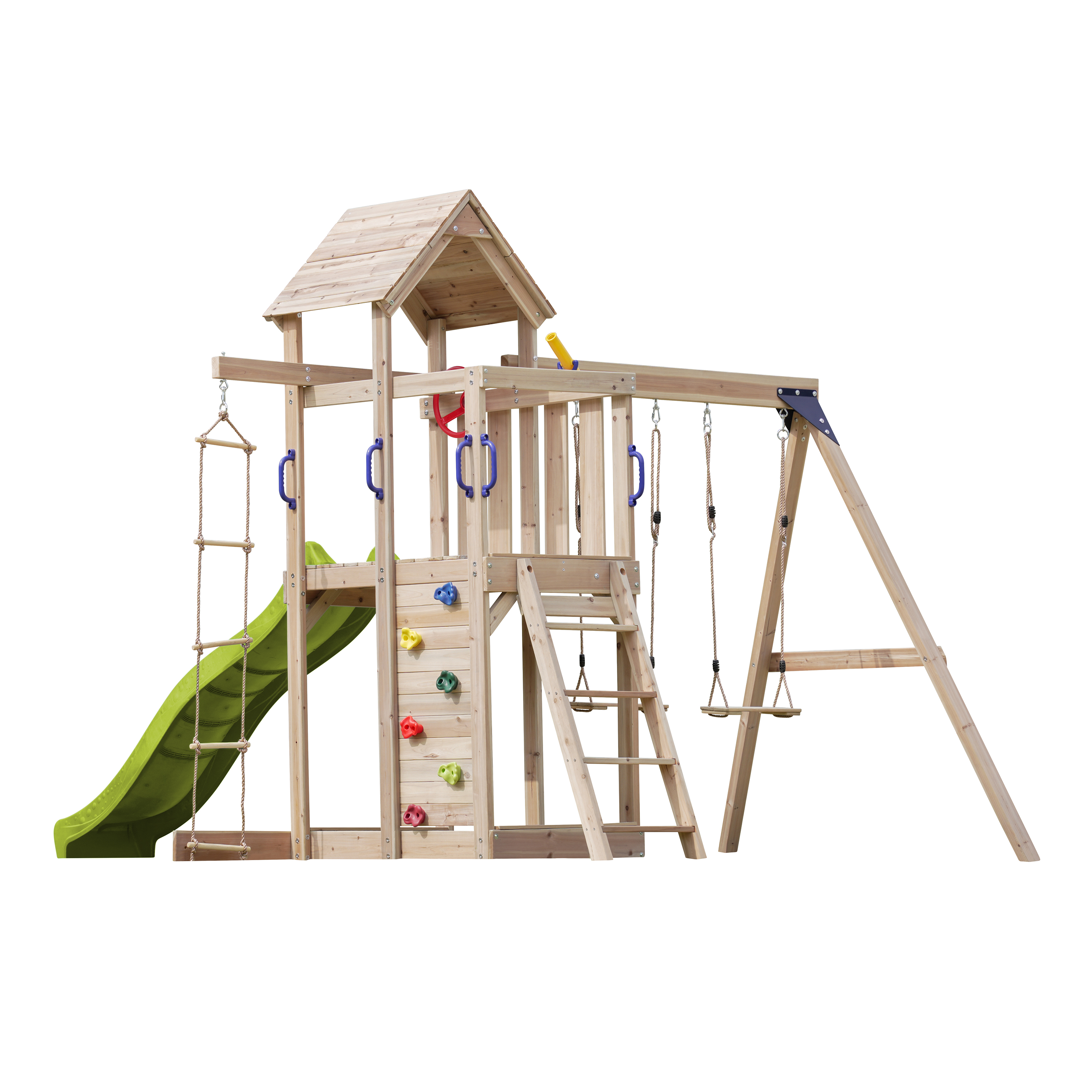 AXI Moos Speeltoestel met Dubbele Schommel en Touwladder Bruin – Limoen groene Glijbaan -8720365064494 AXI Moos Speeltoestel met Dubbele Schommel en Touwladder Bruin – Limoen groene Glijbaan