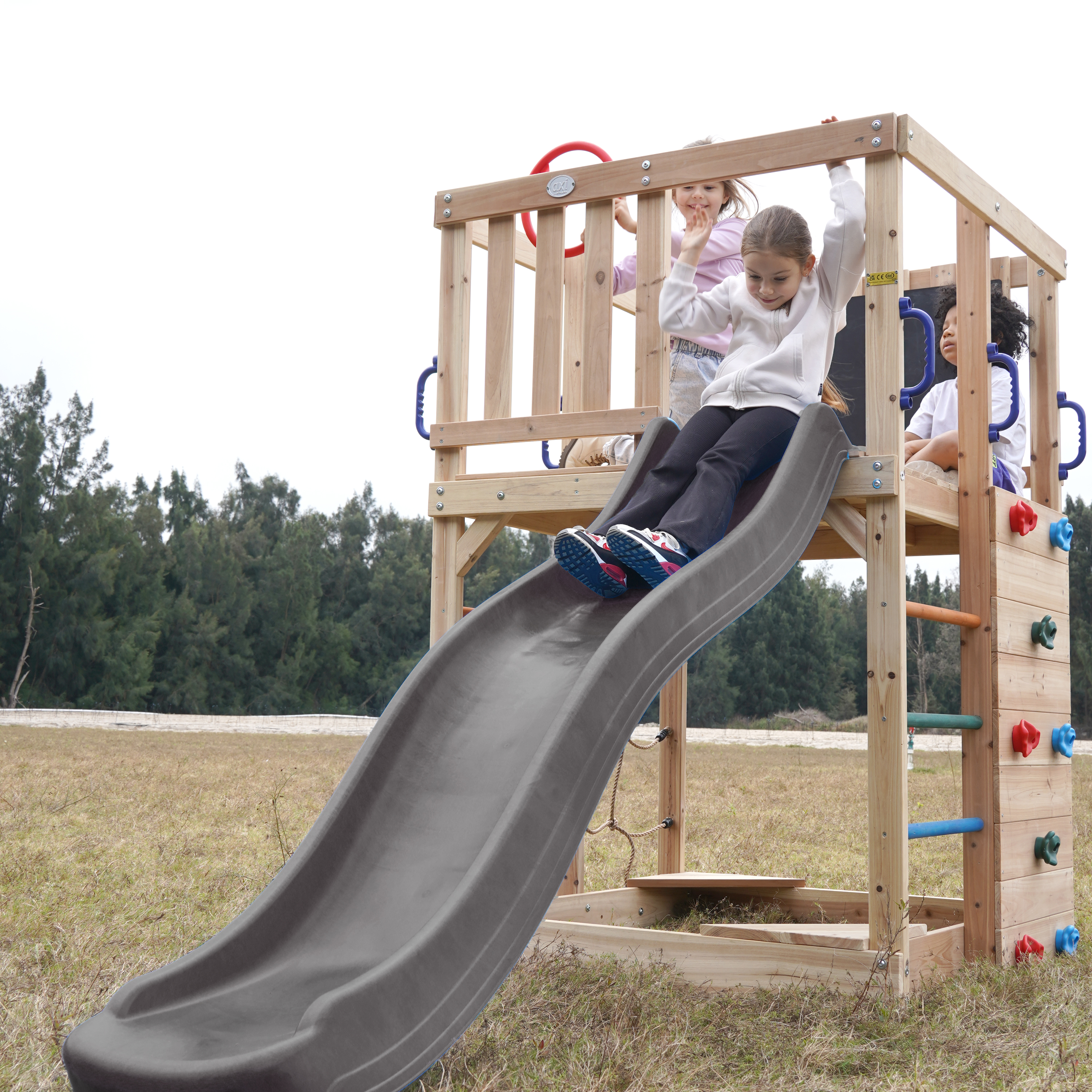 AXI Sam Climbing Frame with Climbing Wall, Climbing Net and Monkey Bars – Grey Slide