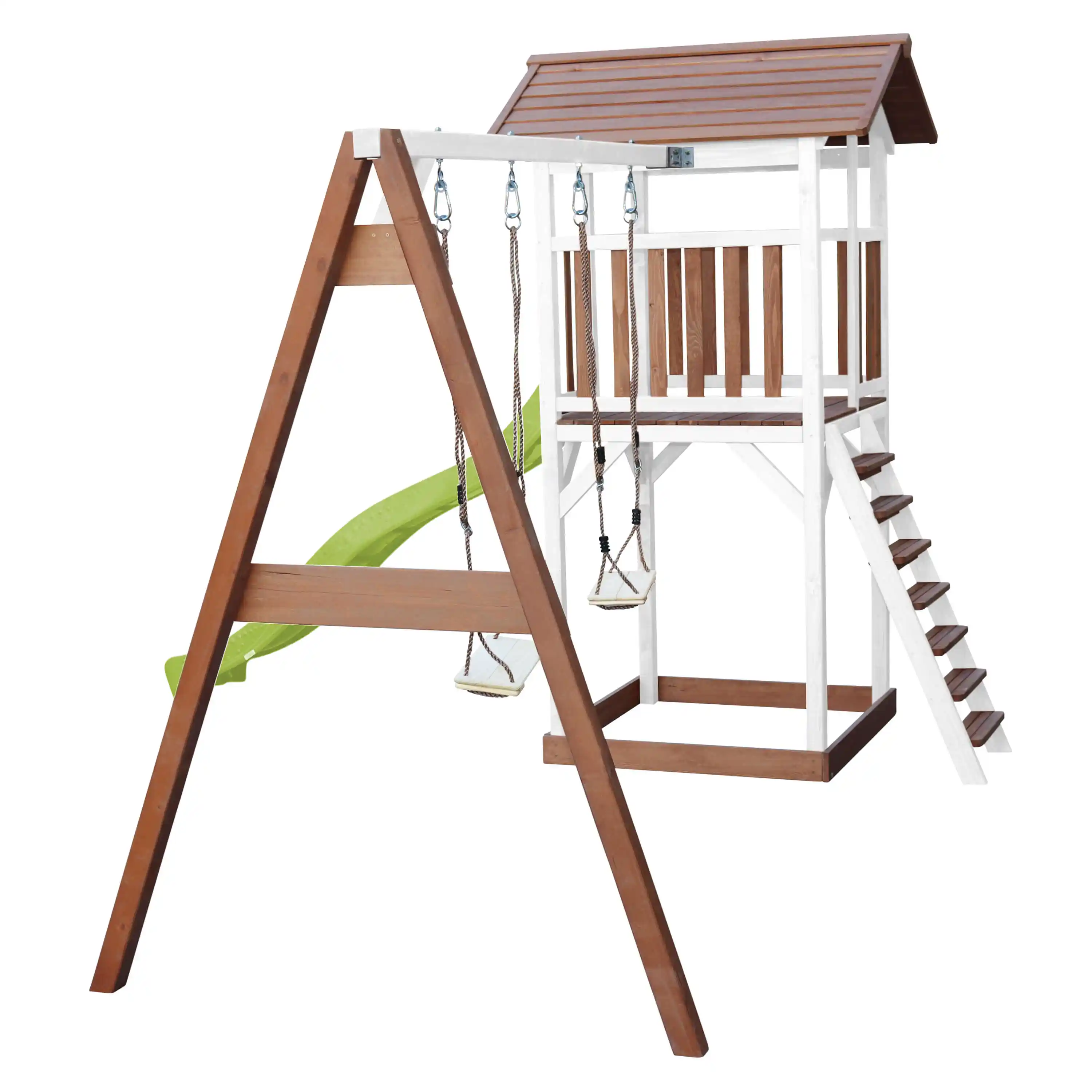 AXI Beach Tower Speeltoren met Dubbele Schommel Bruin/wit - Limoen groene Glijbaan