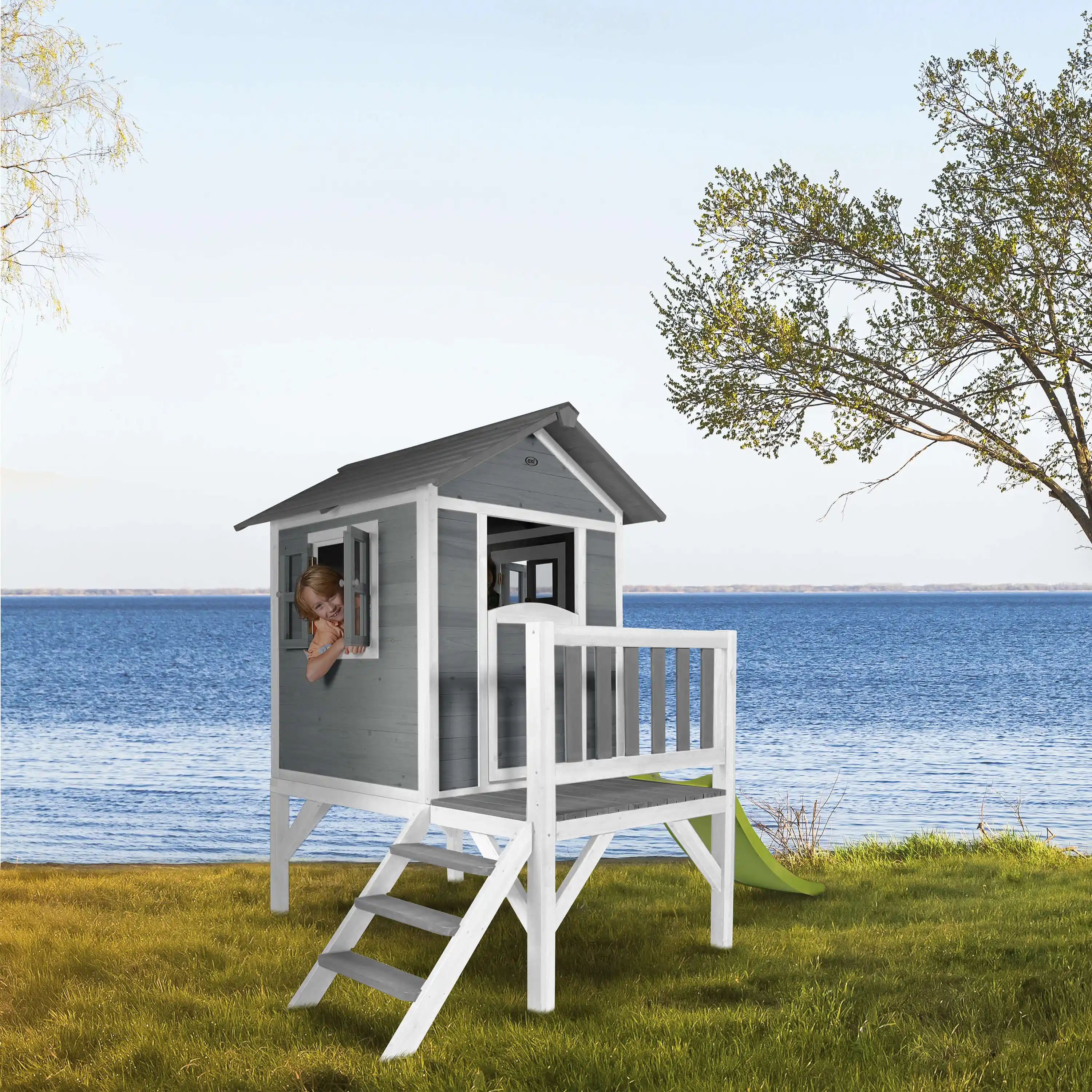 AXI Lodge XL Speelhuis Cool Grijs - Limoen groene Glijbaan