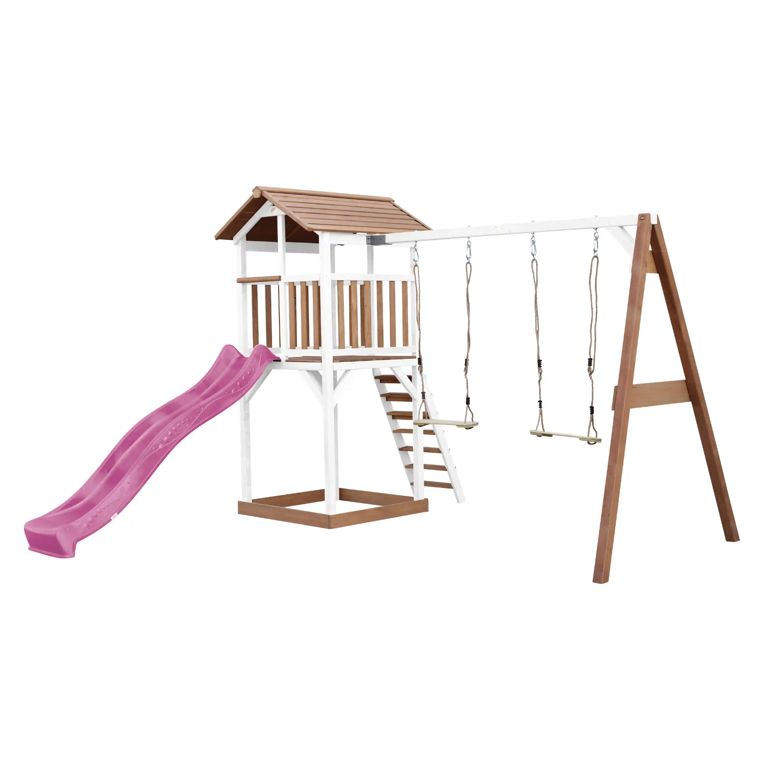 AXI Beach Tower Speeltoren met Dubbele Schommel Bruin/wit - Paarse Glijbaan