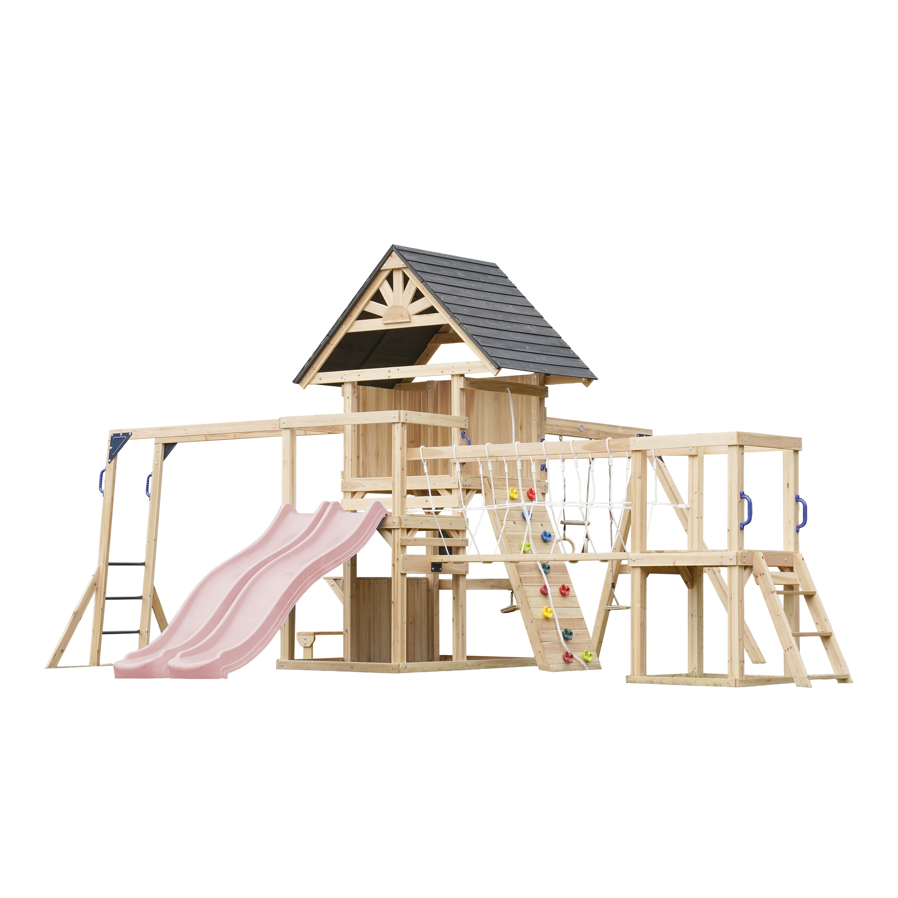AXI Hunter Climbing Frame with Swings, Climbing Frame, Climbing Bridge and Multiple Platforms – Pastel Pink Double Slide