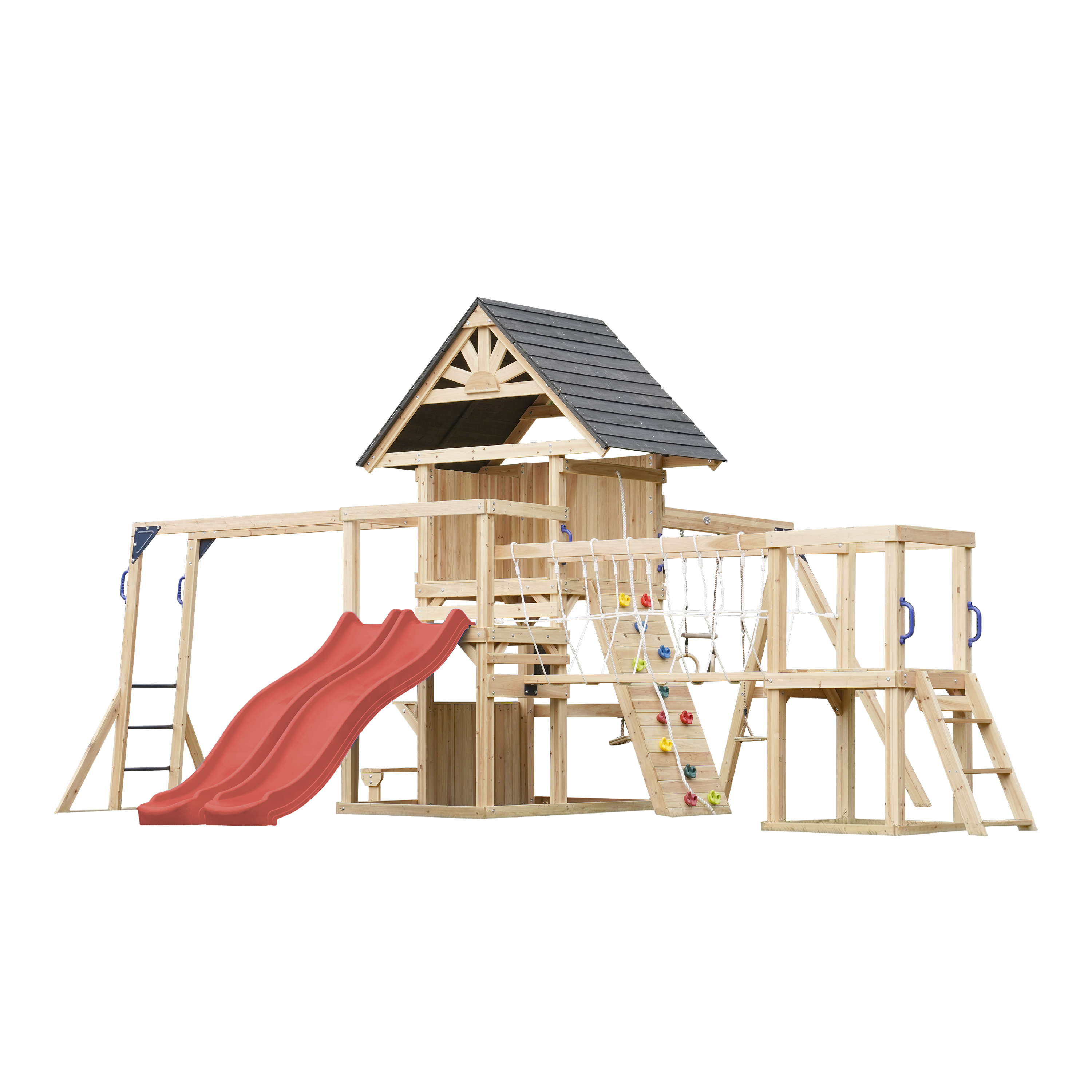 AXI Hunter Climbing Frame with Swings, Climbing Frame, Climbing Bridge and Multiple Platforms – Red Double Slide