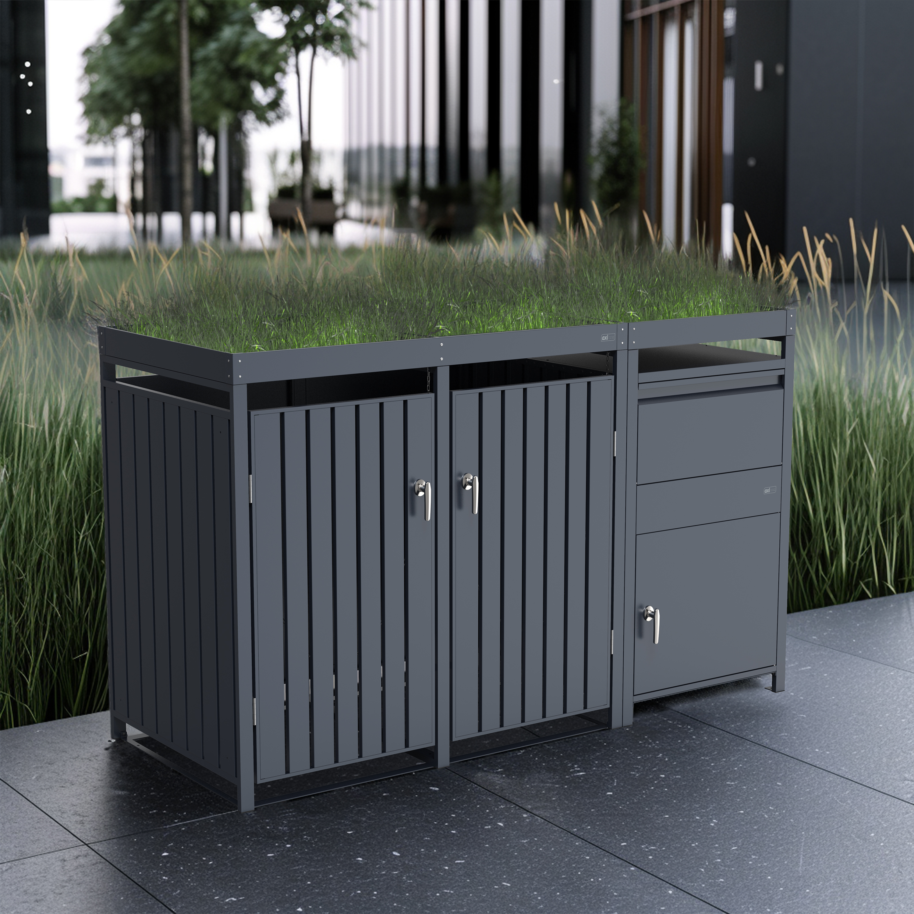 AXI Leon Bin Storage with Louis Parcel Postbox Anthracite – 2 Garbage Bins