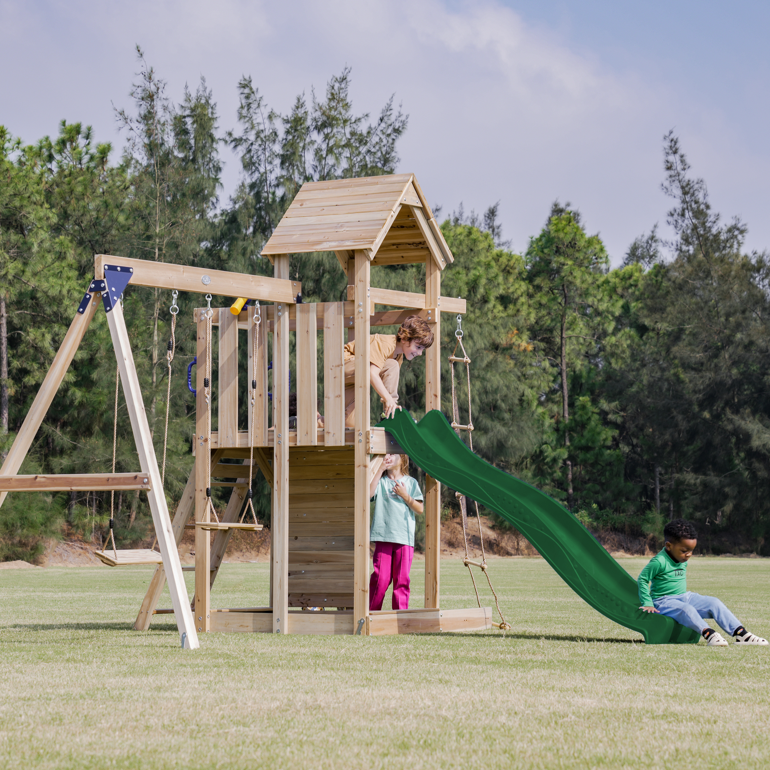 AXI Moos Climbing Frame with Double Swing Set - Green Slide