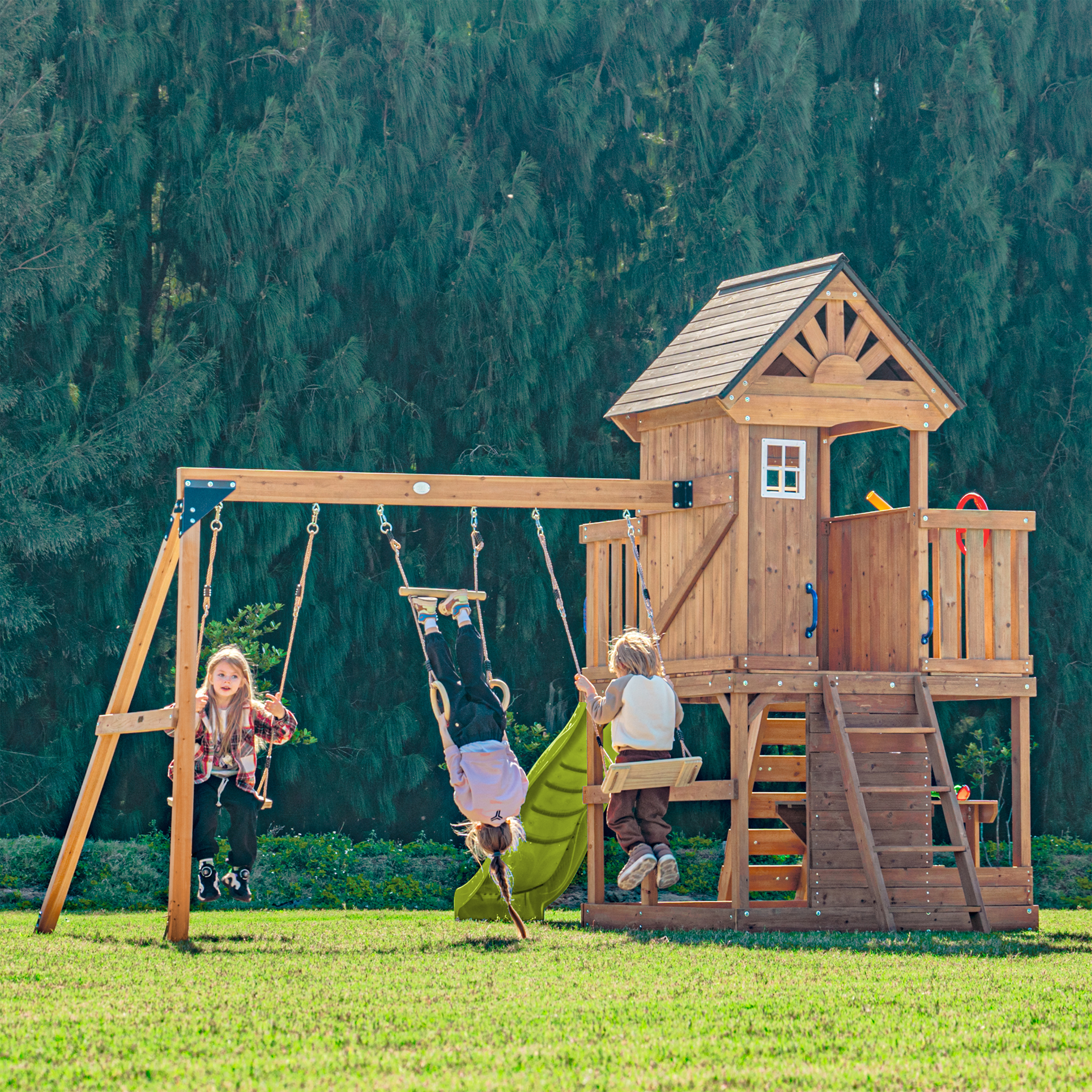 AXI Jack Speeltoestel met Dubbele Schommel en Trapeze Bruin – Limoen Groene glijbaan