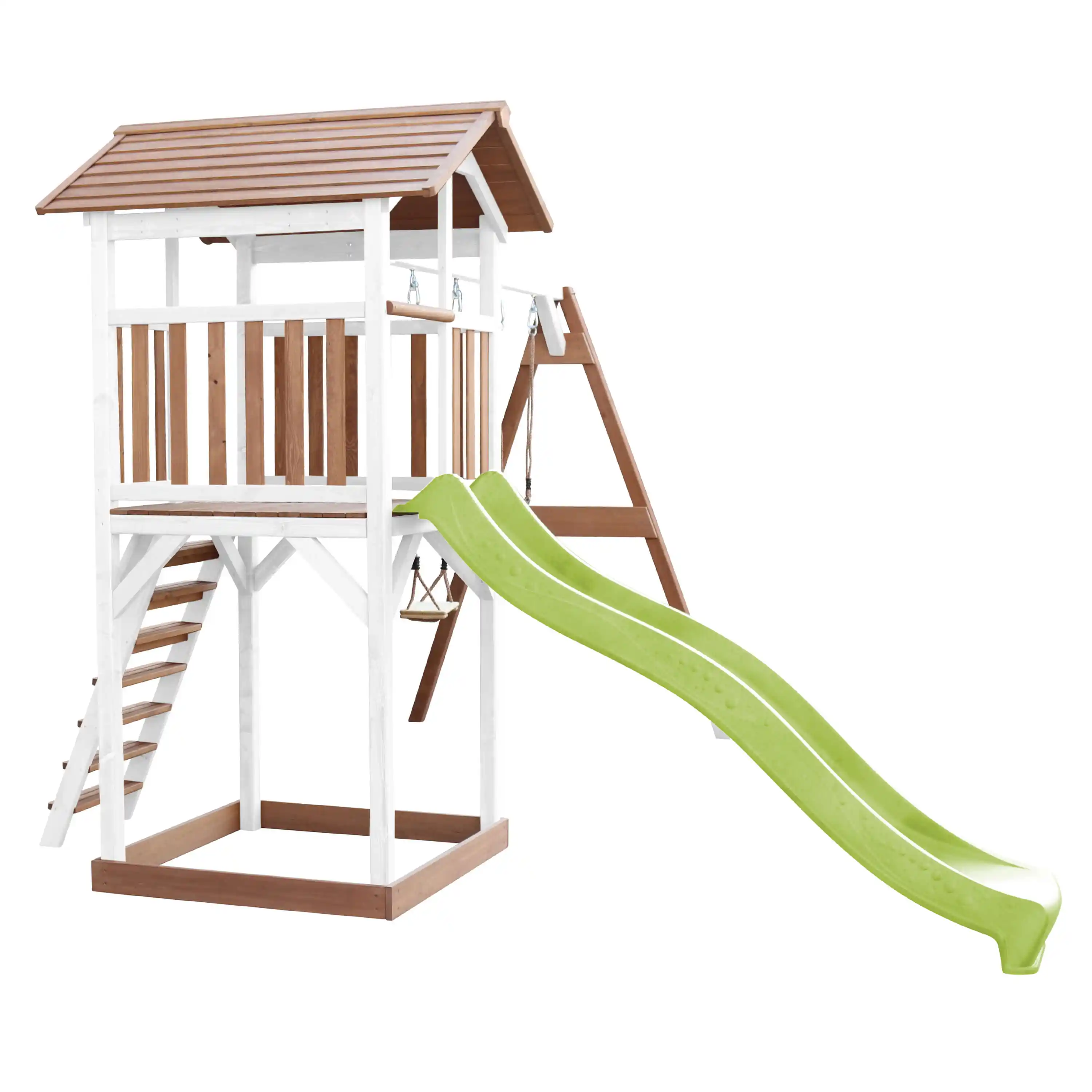 AXI Beach Tower Speeltoren met Dubbele Schommel Bruin/wit - Limoen groene Glijbaan