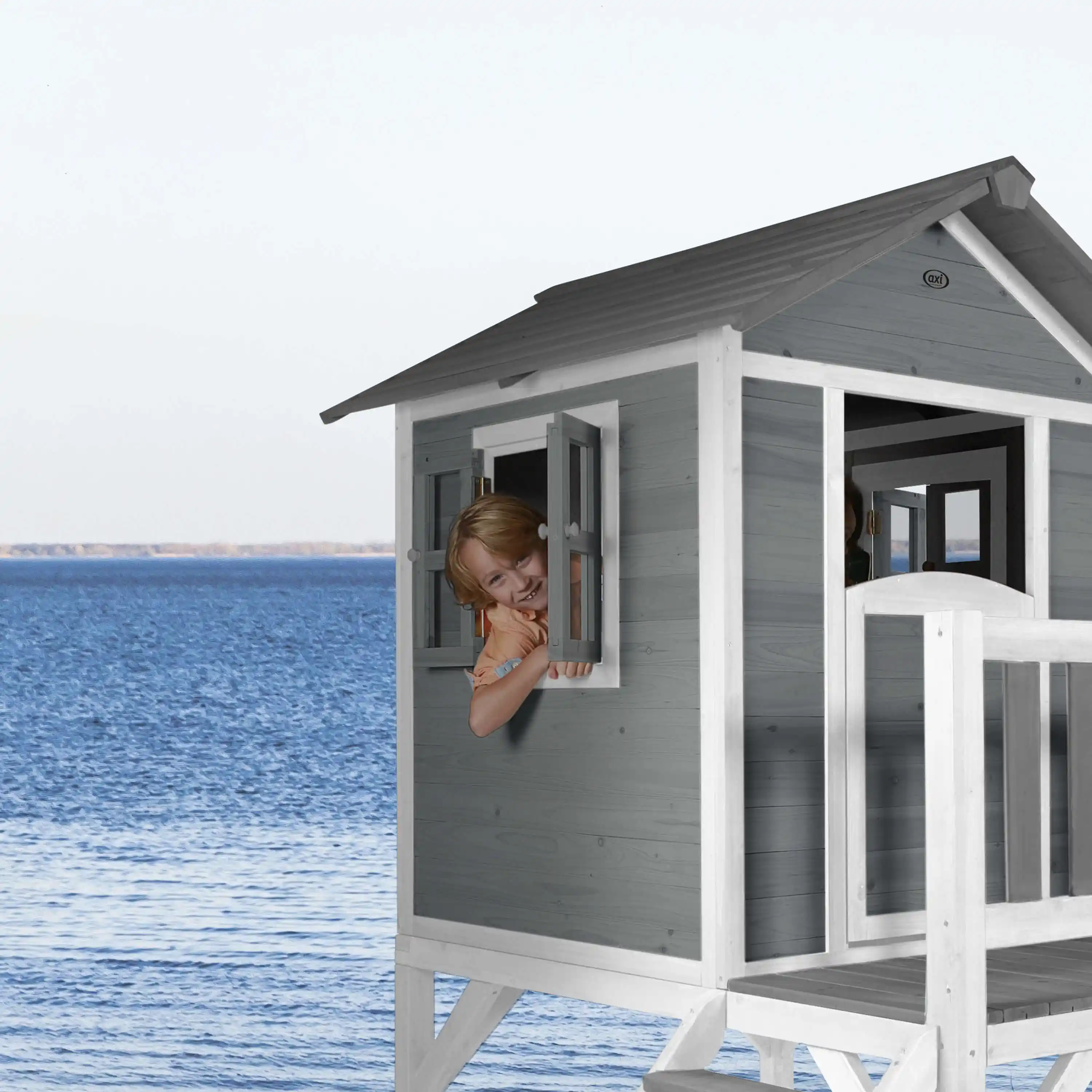 AXI Lodge XL Speelhuis Cool Grijs - Blauwe Glijbaan
