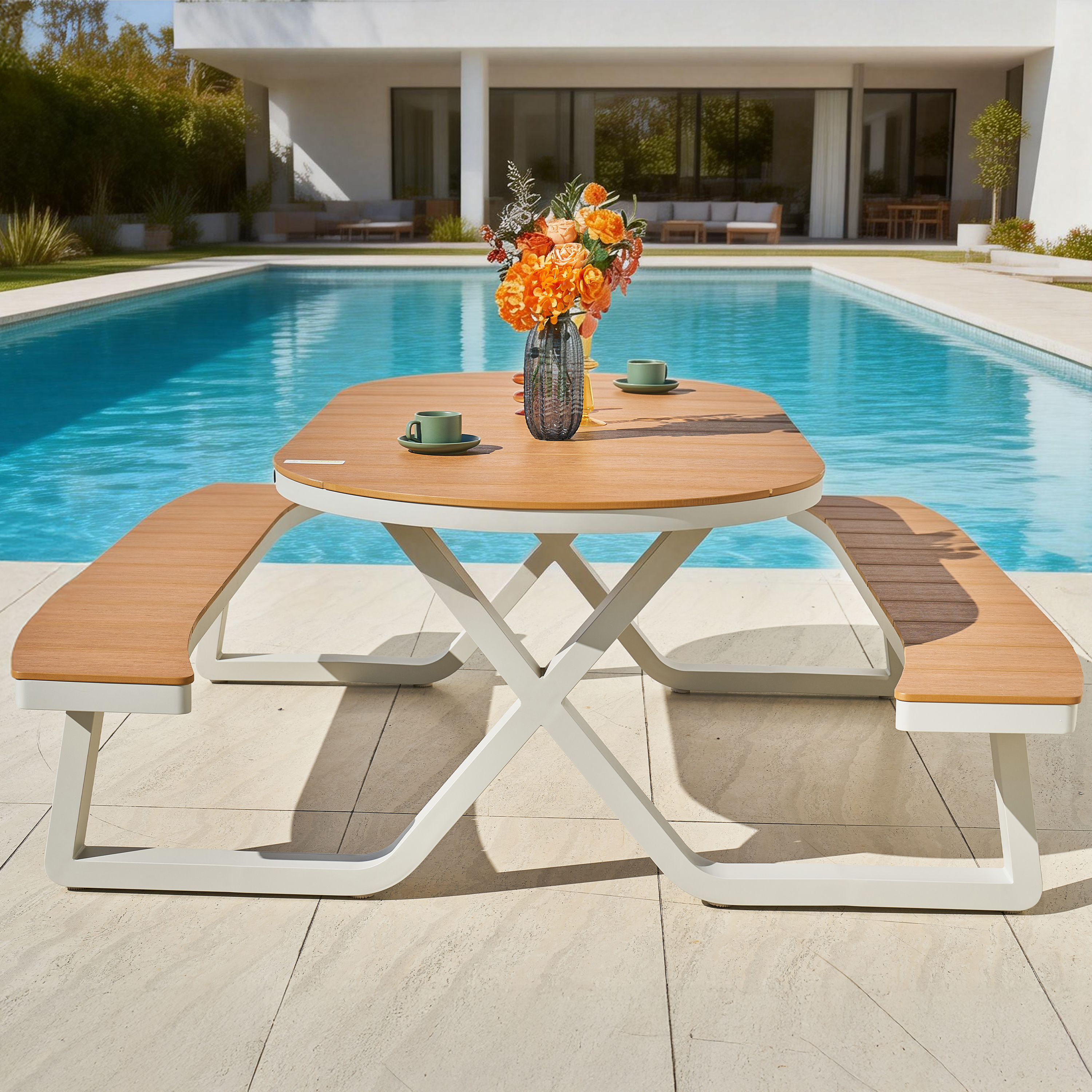 AXI Jax Picnic Table with 2 benches Oval – White/Teak-look Polywood