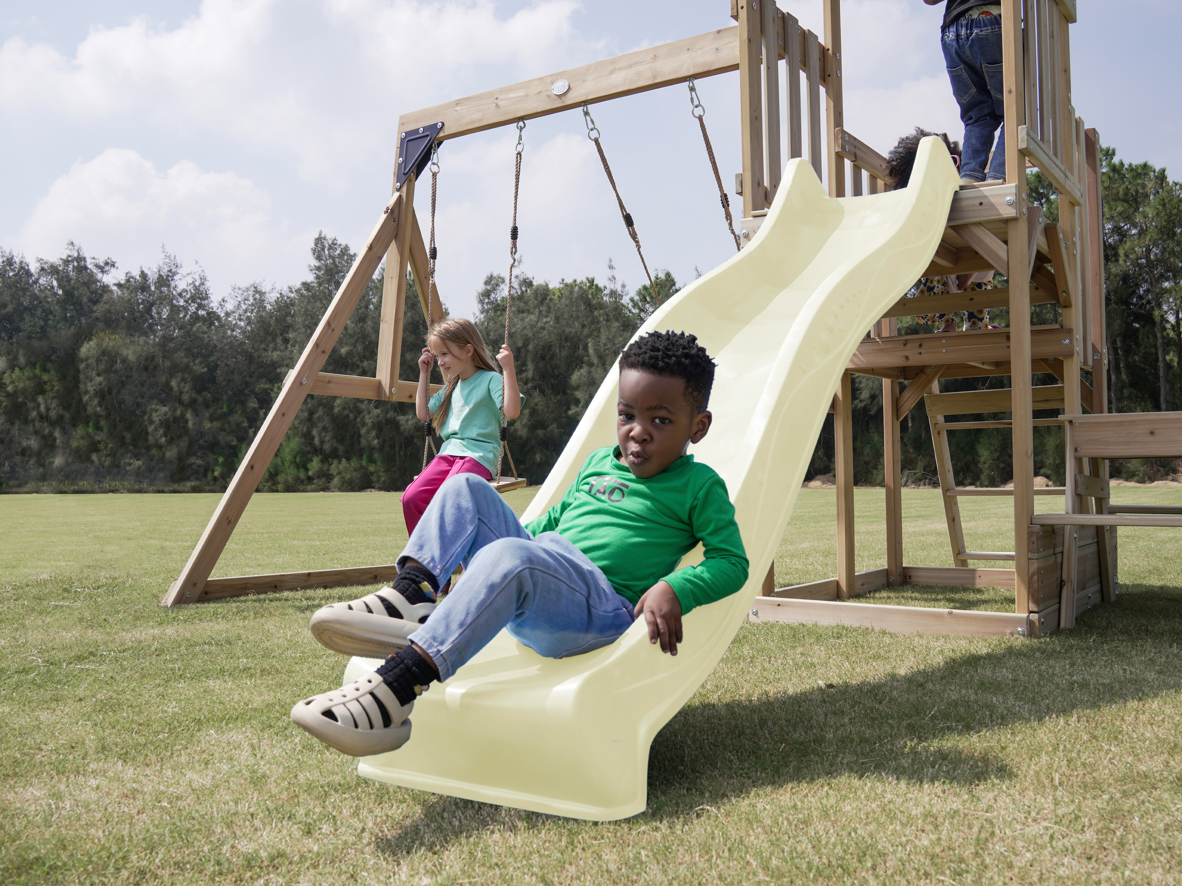 AXI Mette Climbing Frame with Double Swing Set and Picnic Table - Cream Slide