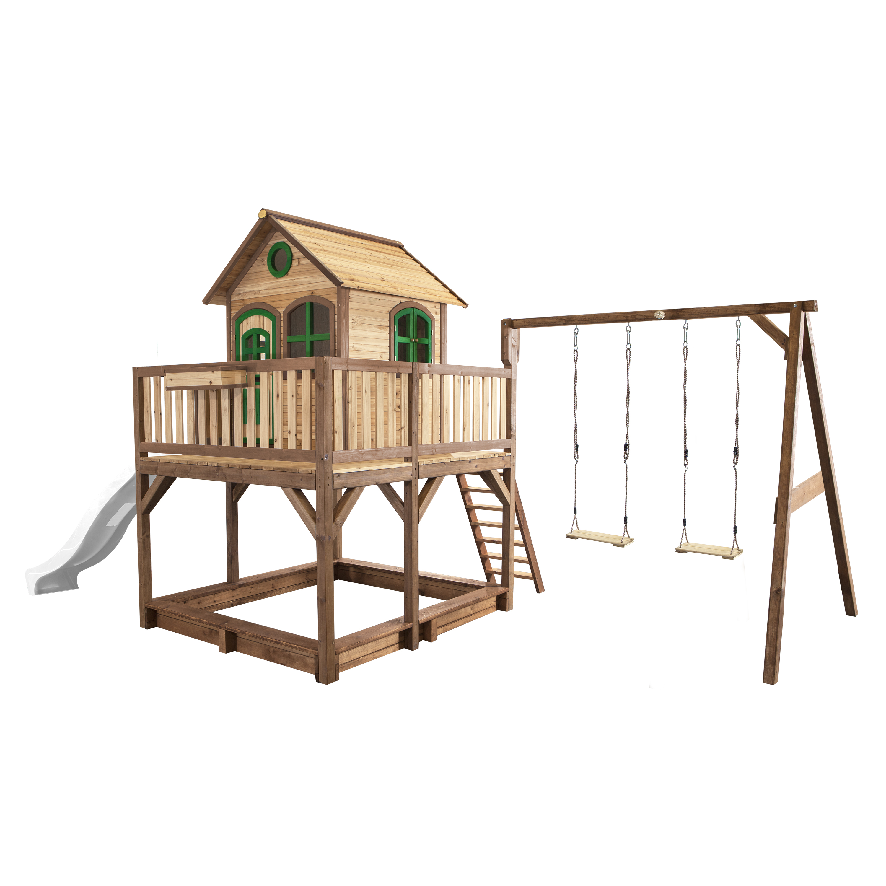 AXI Liam Playhouse with Double Swing Set Brown/Green - White Slide-8717973937838 AXI Liam Playhouse with Double Swing Set Brown/Green - White Slide