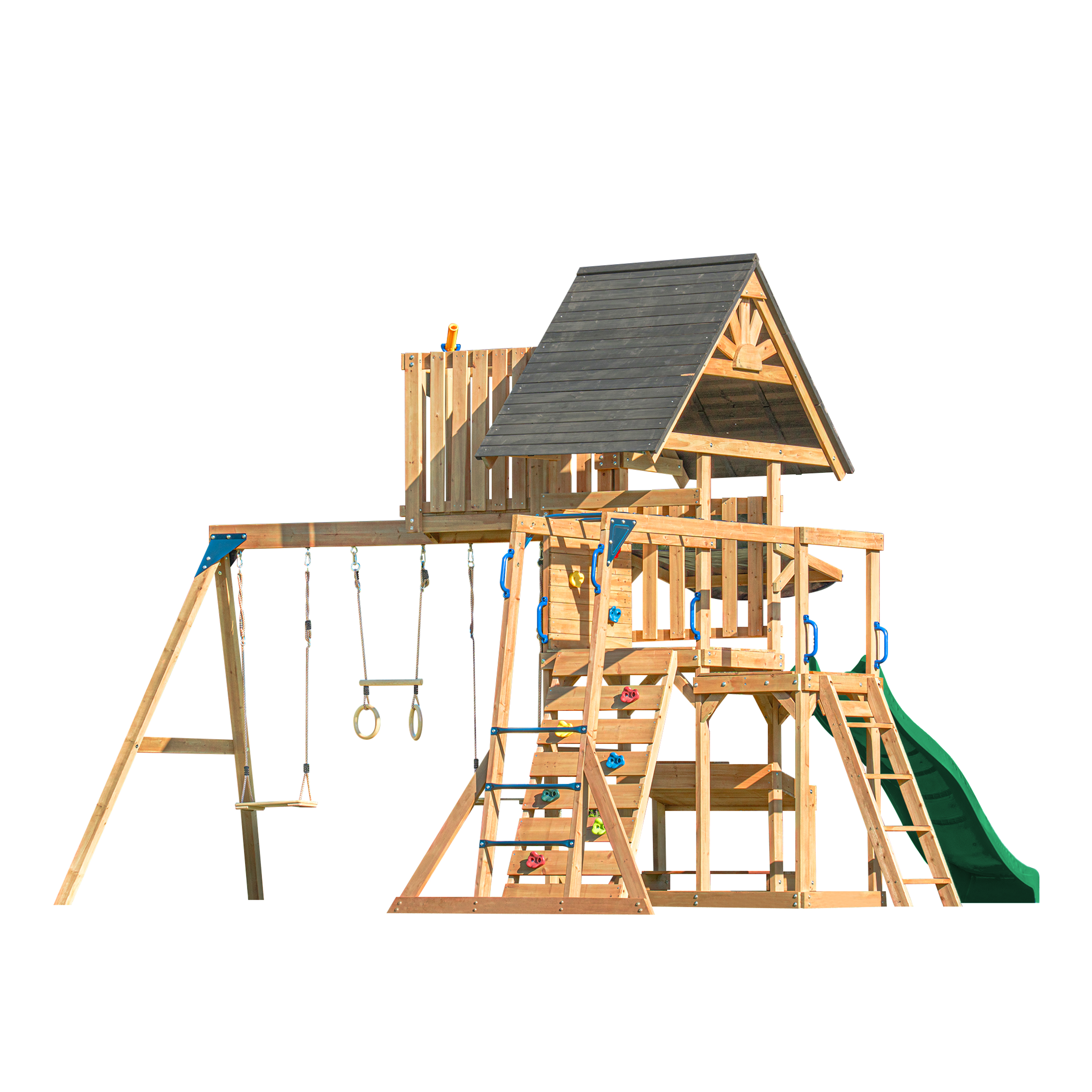 AXI Mitch Climbing Frame with Double Swing, Trapeze and Lookout Tower – Green Slide