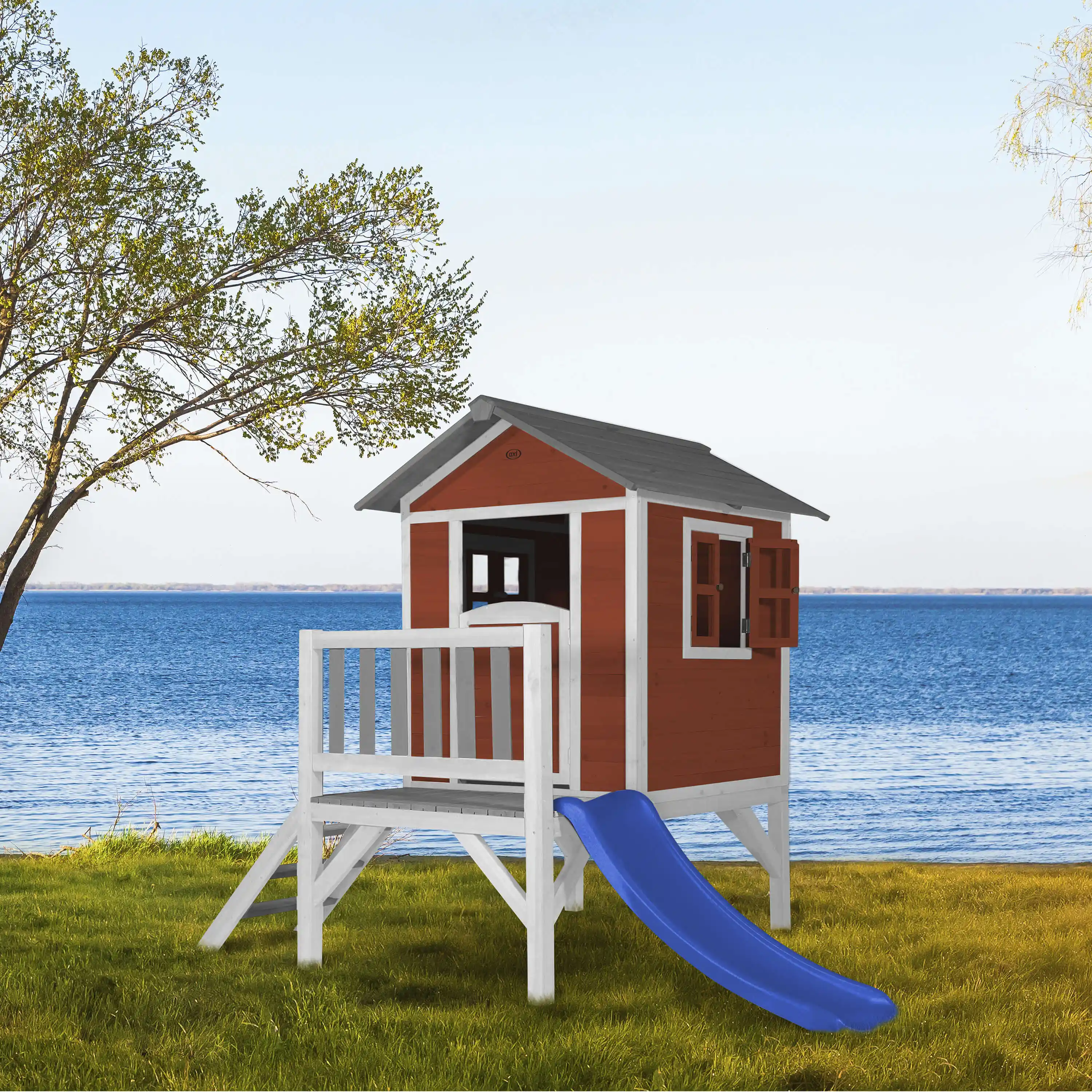 AXI Lodge XL Speelhuis Scandinavisch Rood - Blauwe Glijbaan