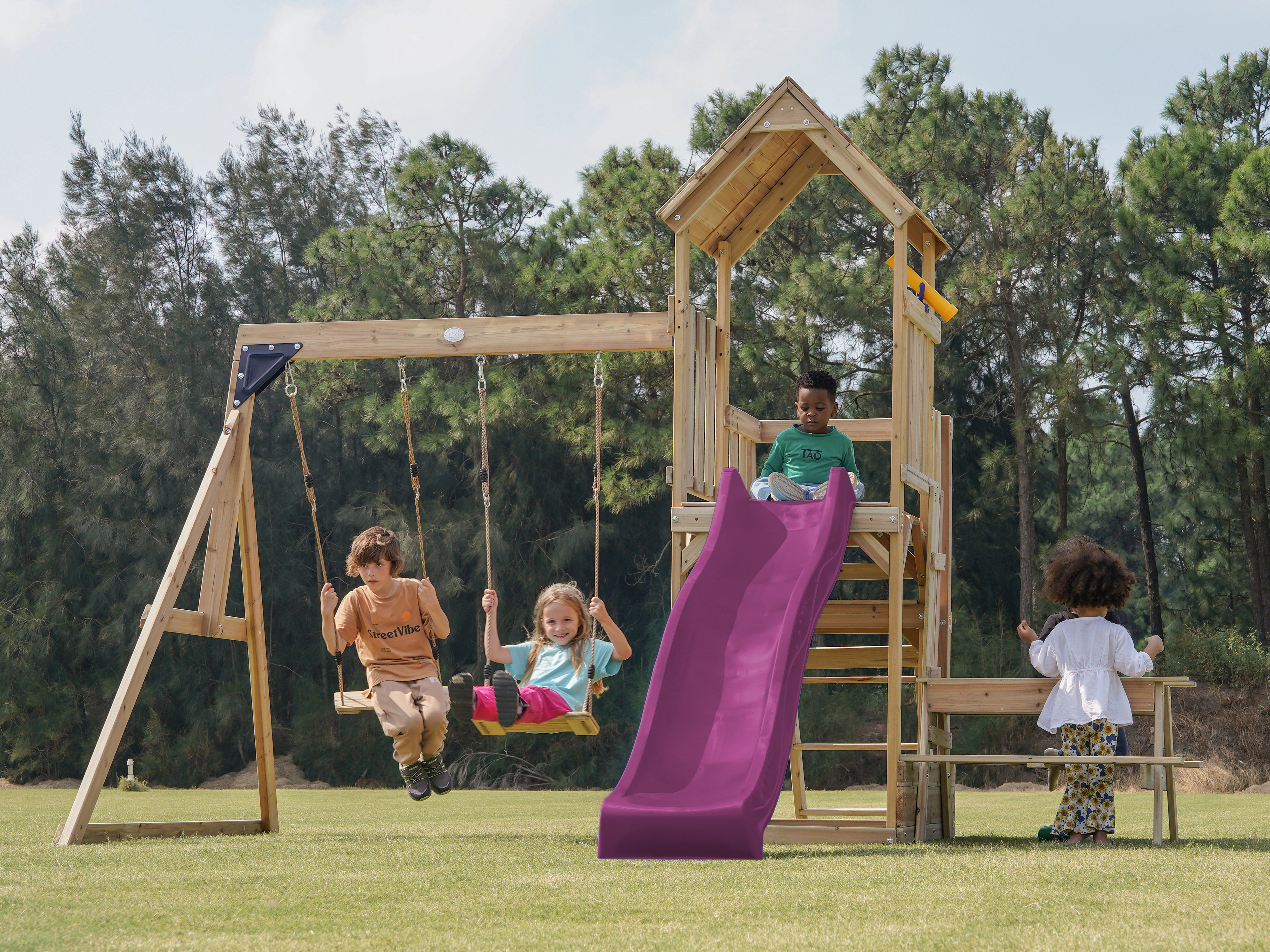 AXI Mette Playground with Double Swing Brown - Purple Slide 