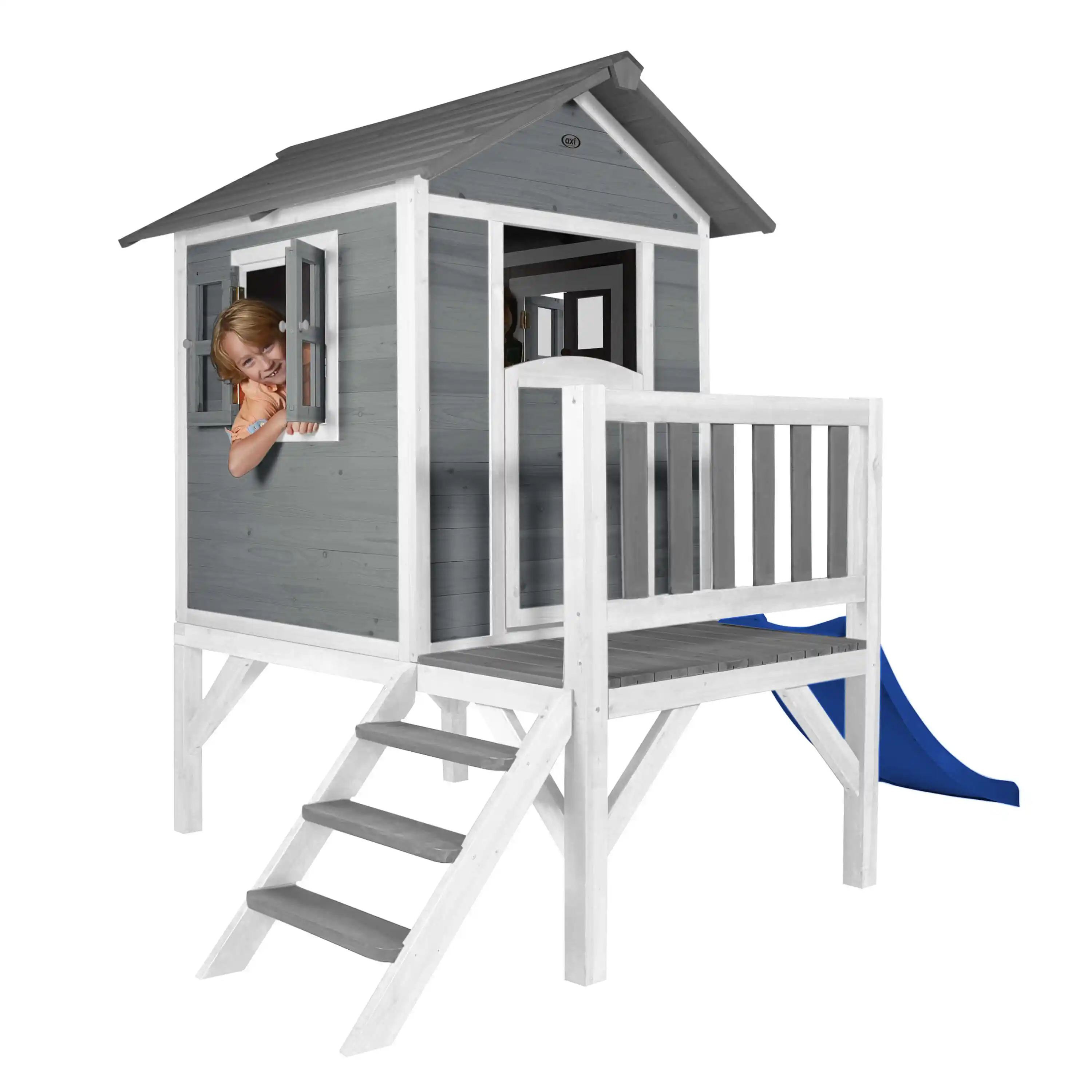 AXI Lodge XL Speelhuis Cool Grijs - Blauwe Glijbaan