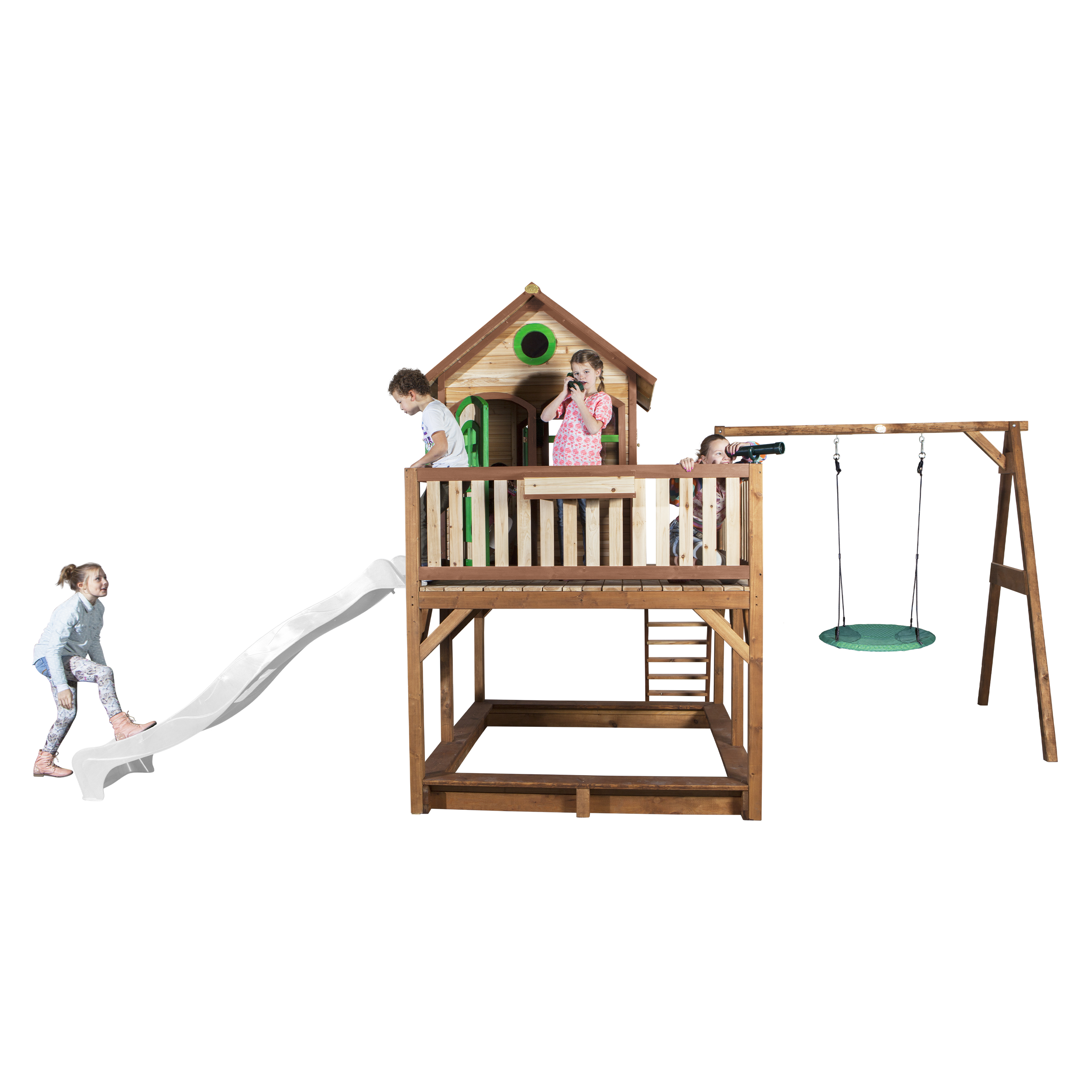 AXI Liam Playhouse with Summer Nest Swing Set Brown/Green - White Slide