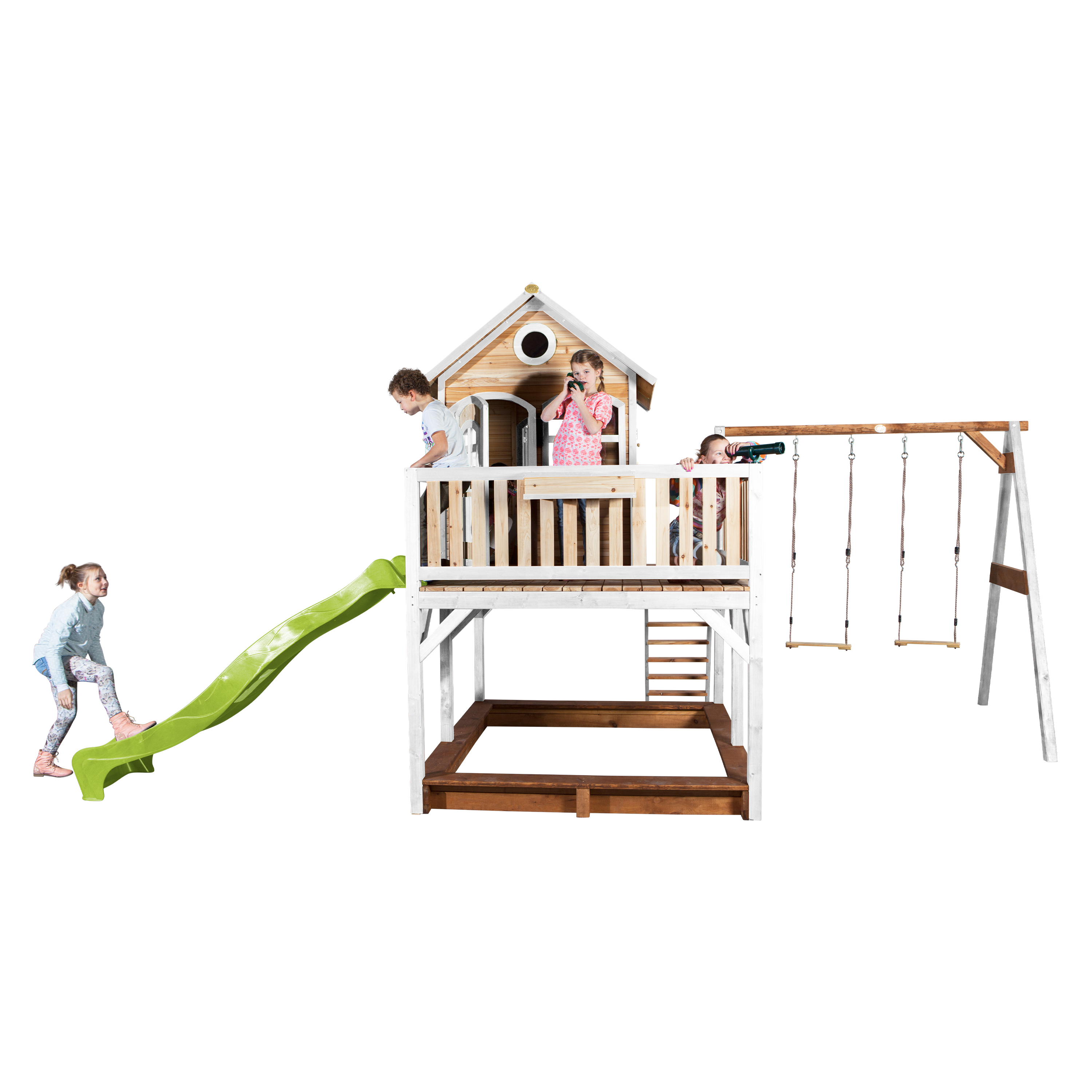 AXI Liam Playhouse with Double Swing Set Brown/White - Lime Green Slide-8717973933502 AXI Liam Playhouse with Double Swing Set Brown/White - Lime Green Slide