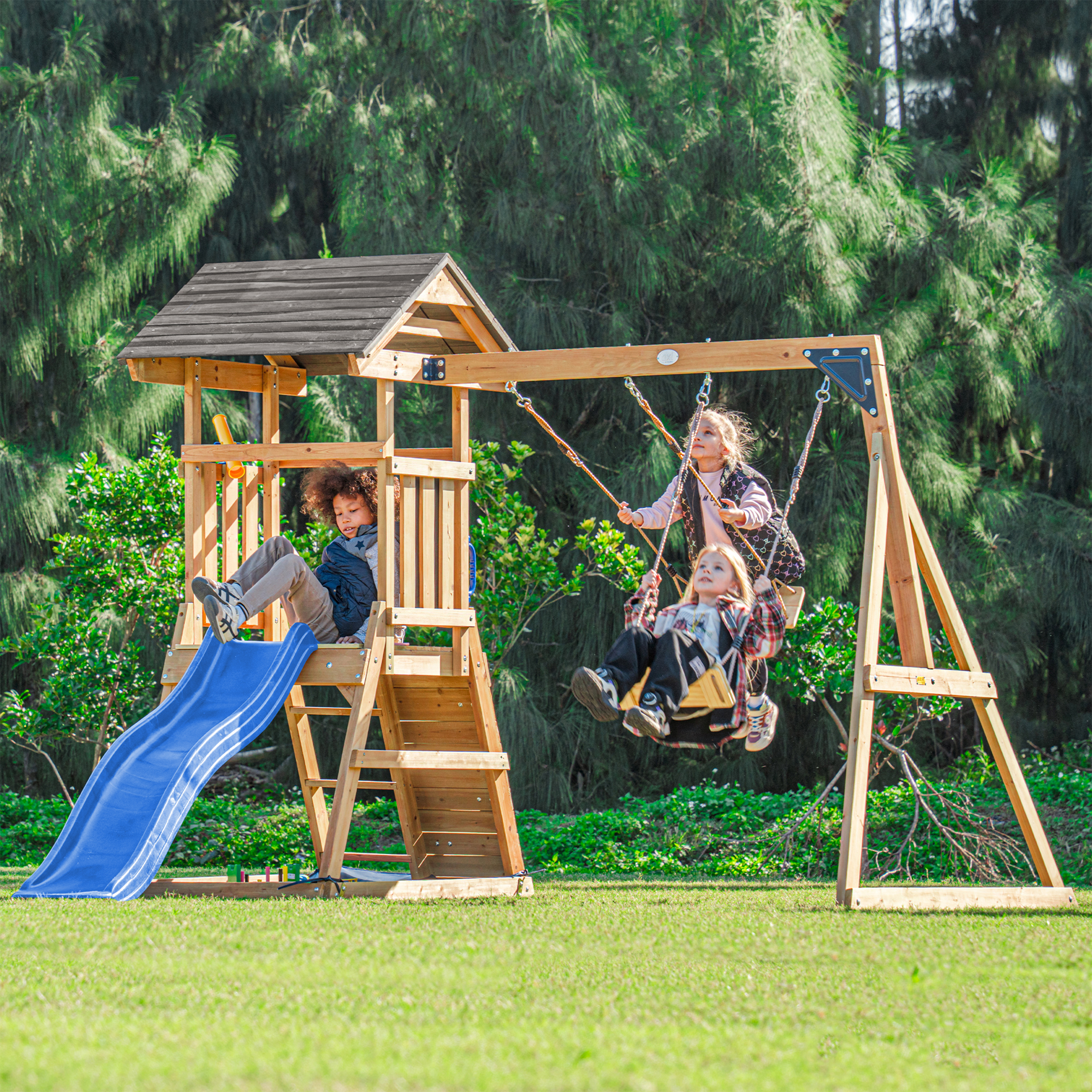 AXI Mia Climbing Frame with Double Swing Set – Blue Slide