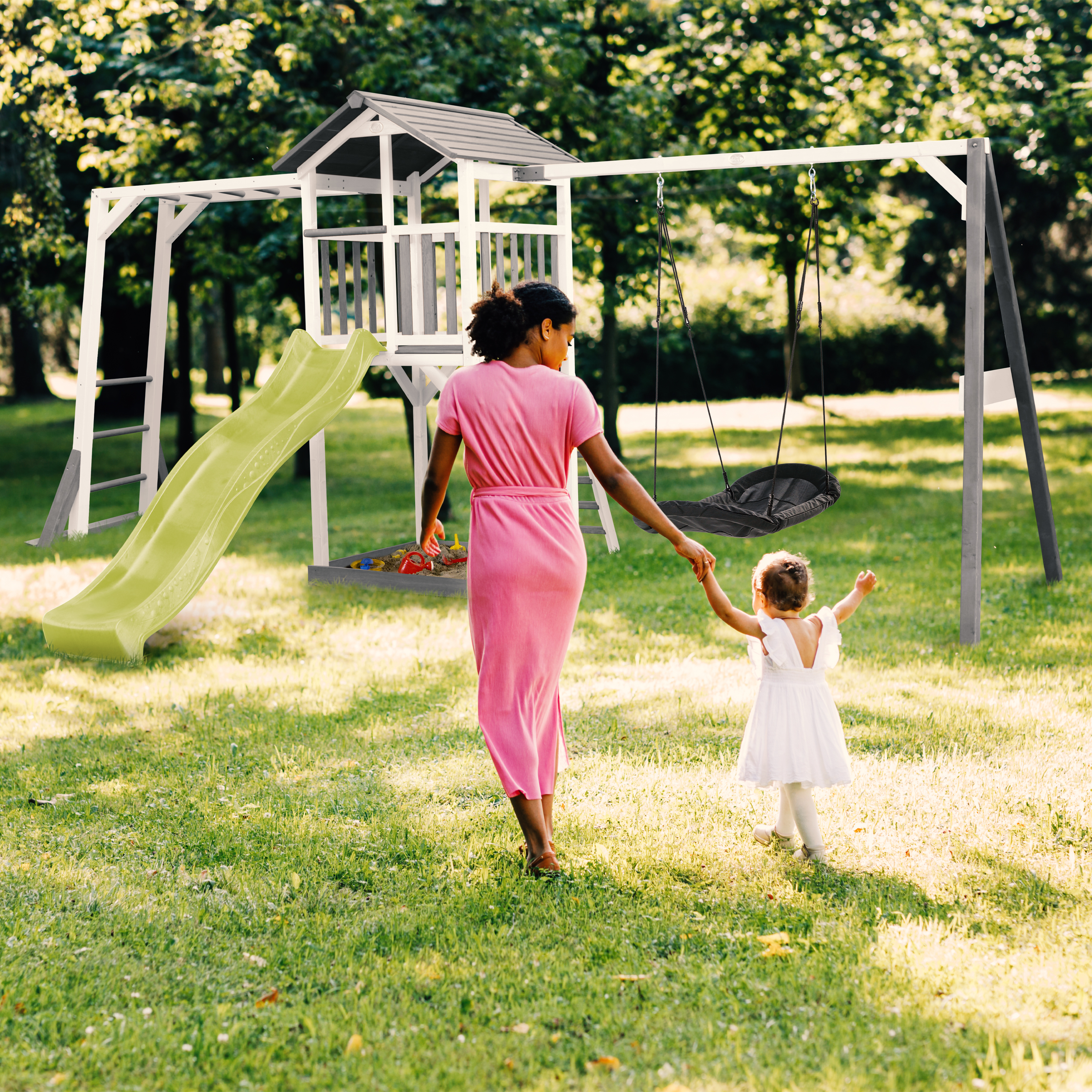 AXI Beach Tower with Climbing Frame and Roxy Nest Swing Set Grey/White - Lime Green Slide