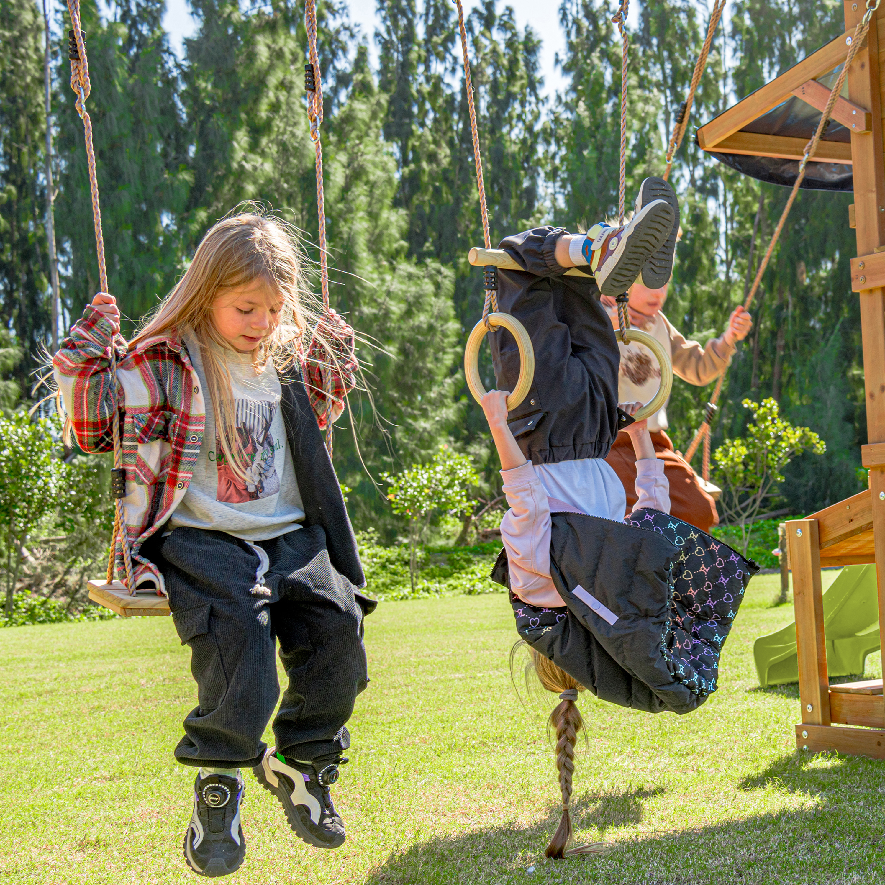 AXI Mitch Climbing Frame with Double Swing. Trapeze and Lookout Tower – Lime Green Slide