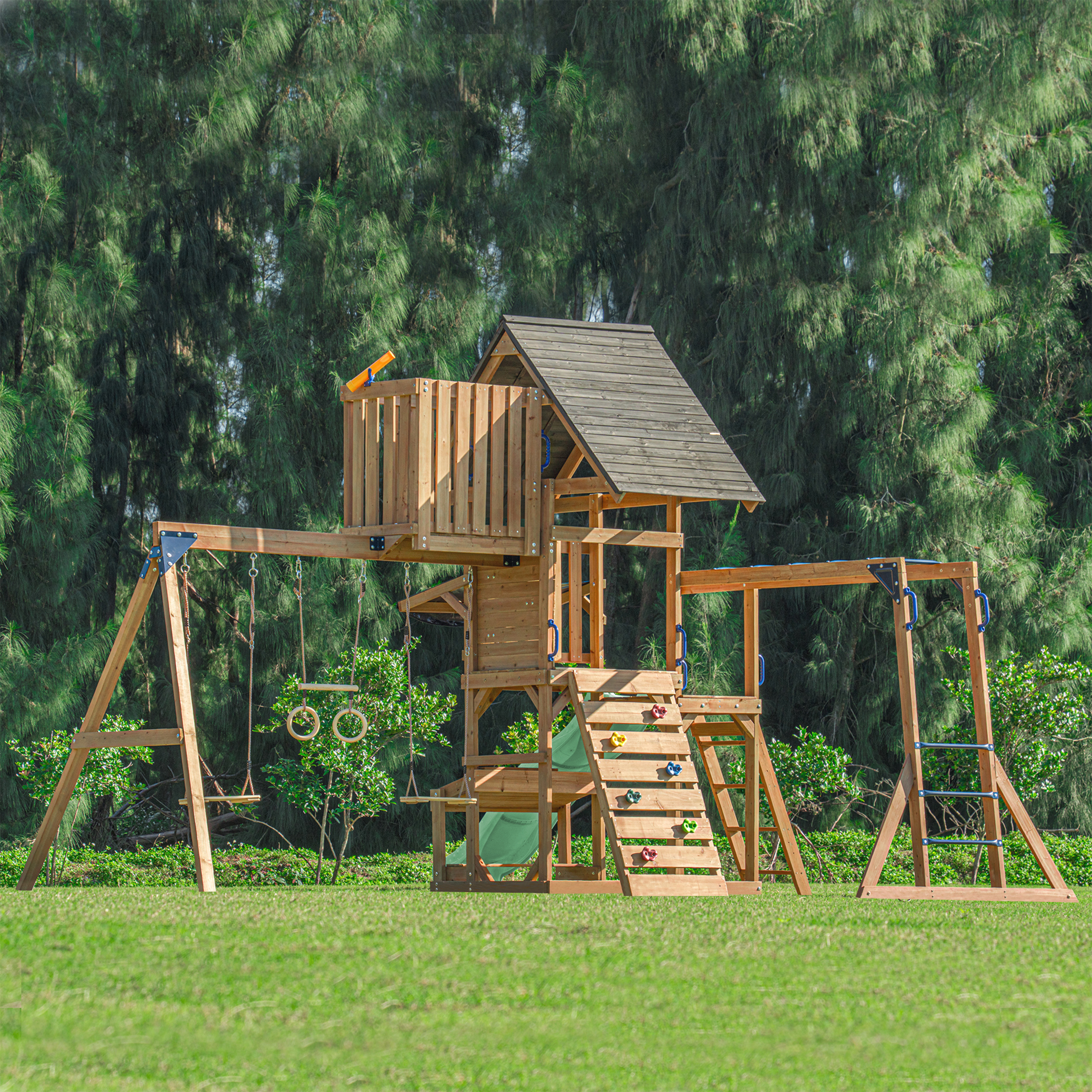 AXI Mitch Climbing Frame with Double Swing, Trapeze and Lookout Tower – Pastel Green Slide