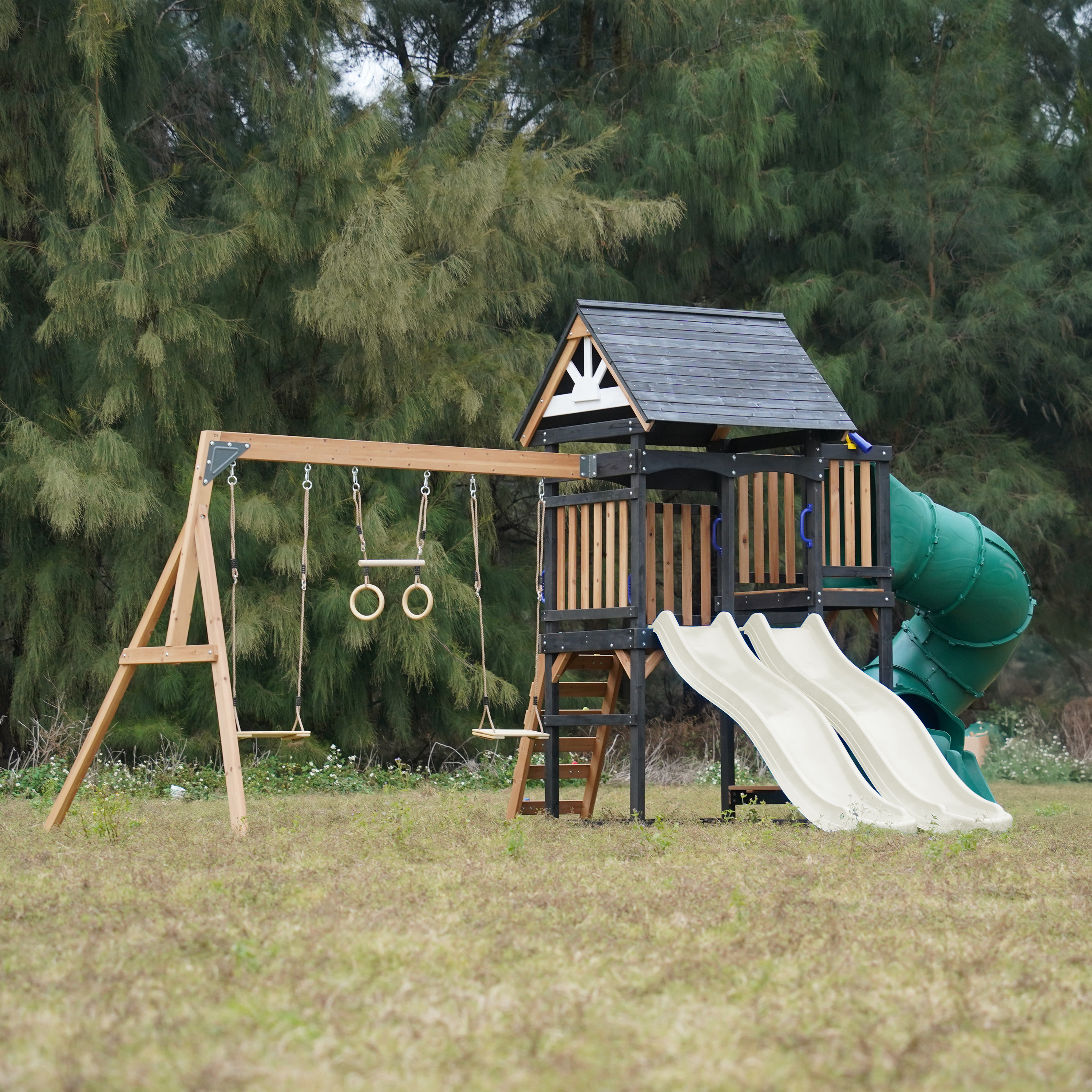 AXI Cody Climbing Frame with Swings. Trapeze and Climbing Wall – Cream Double Slide and Tube Slide
