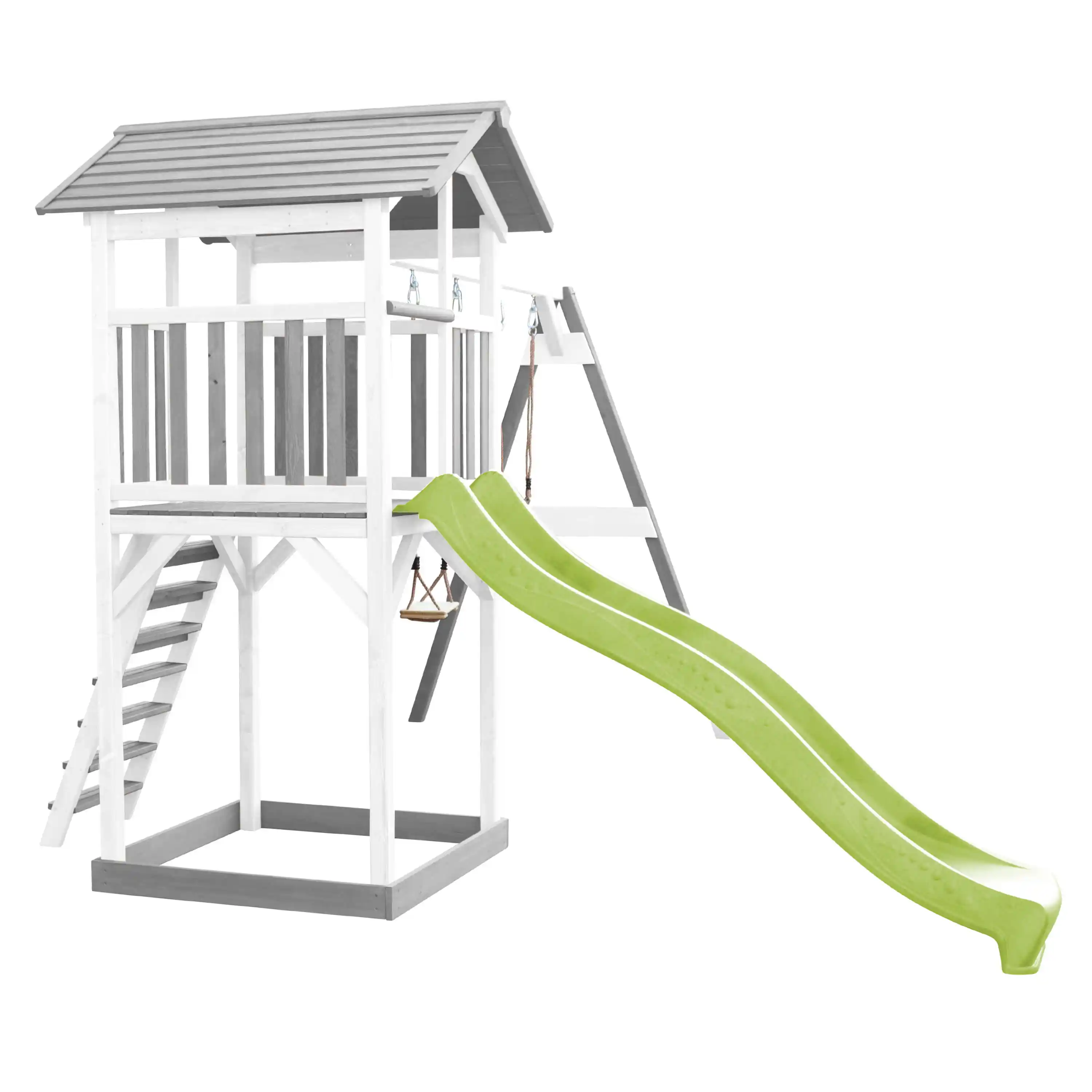 AXI Beach Tower Speeltoren met Dubbele Schommel Grijs/wit - Limoen groene glijbaan