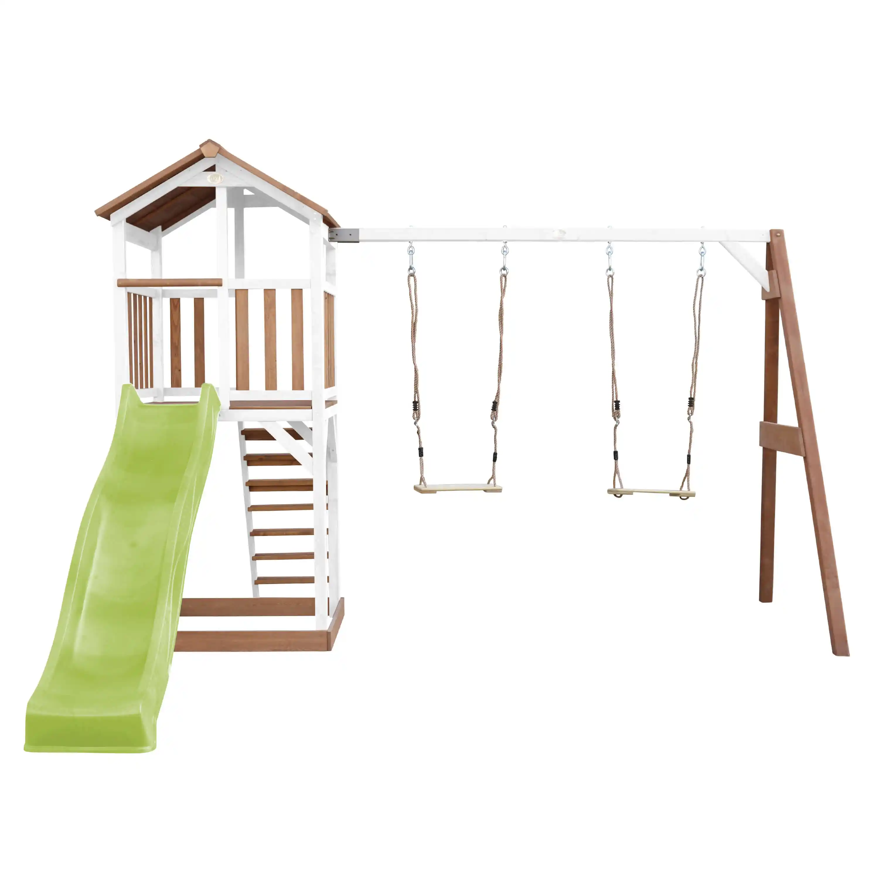 AXI Beach Tower Speeltoren met Dubbele Schommel Bruin/wit - Limoen groene Glijbaan